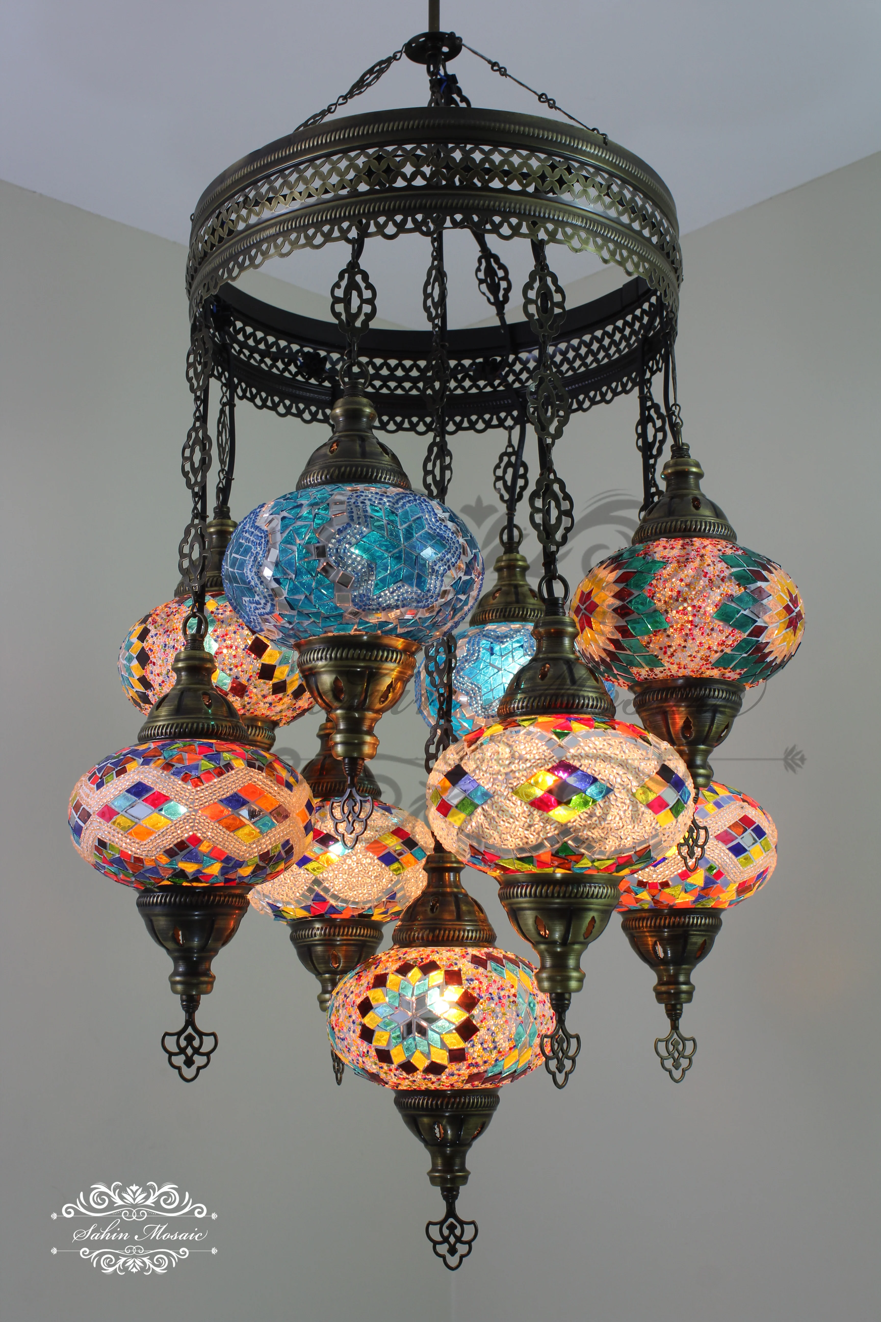 9-Ball Turkish Sultan Mosaic Chandelier - Handmade Large Globes | ID: 9SL-A