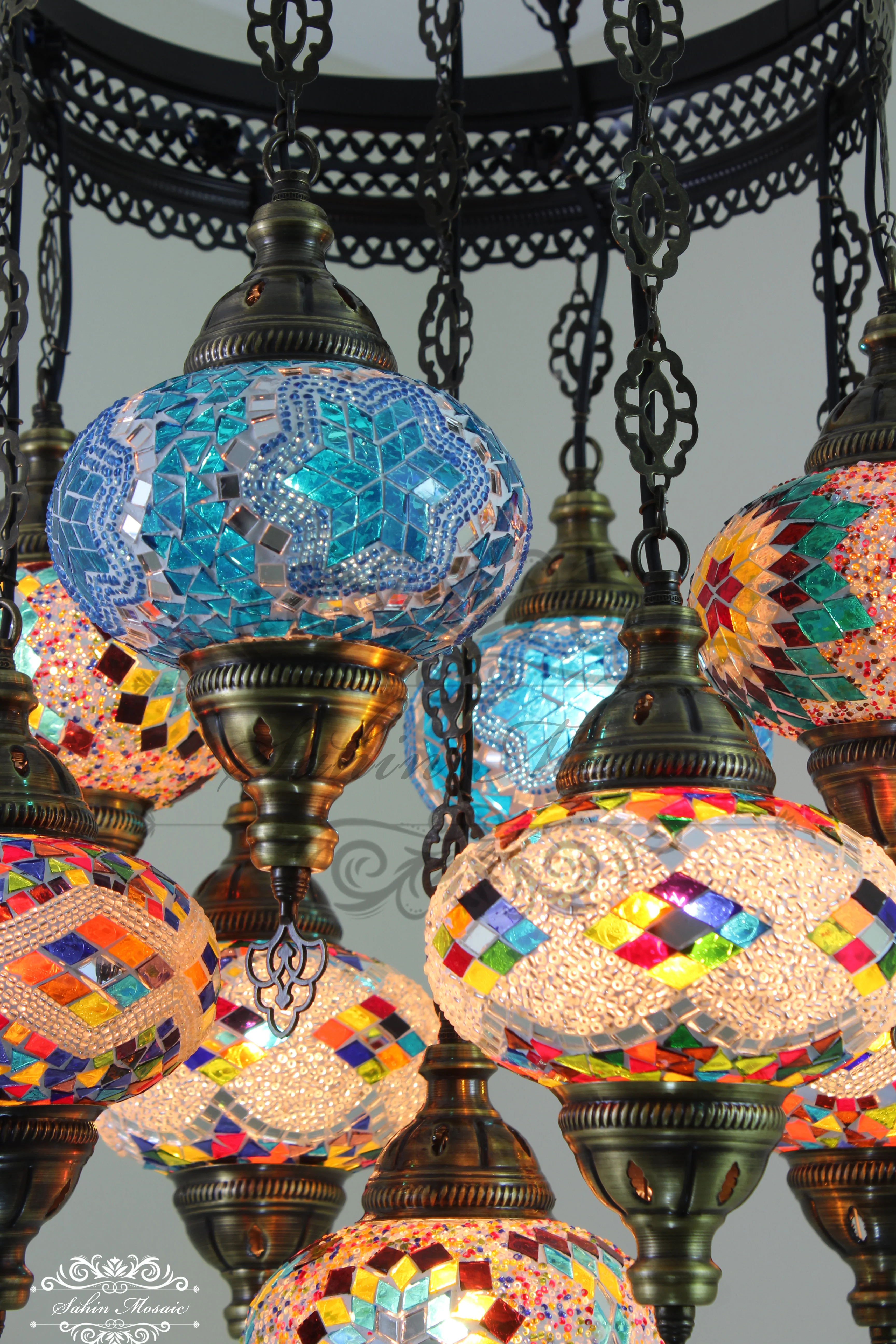 9-Ball Turkish Sultan Mosaic Chandelier - Handmade Large Globes | ID: 9SL-A - Image 3