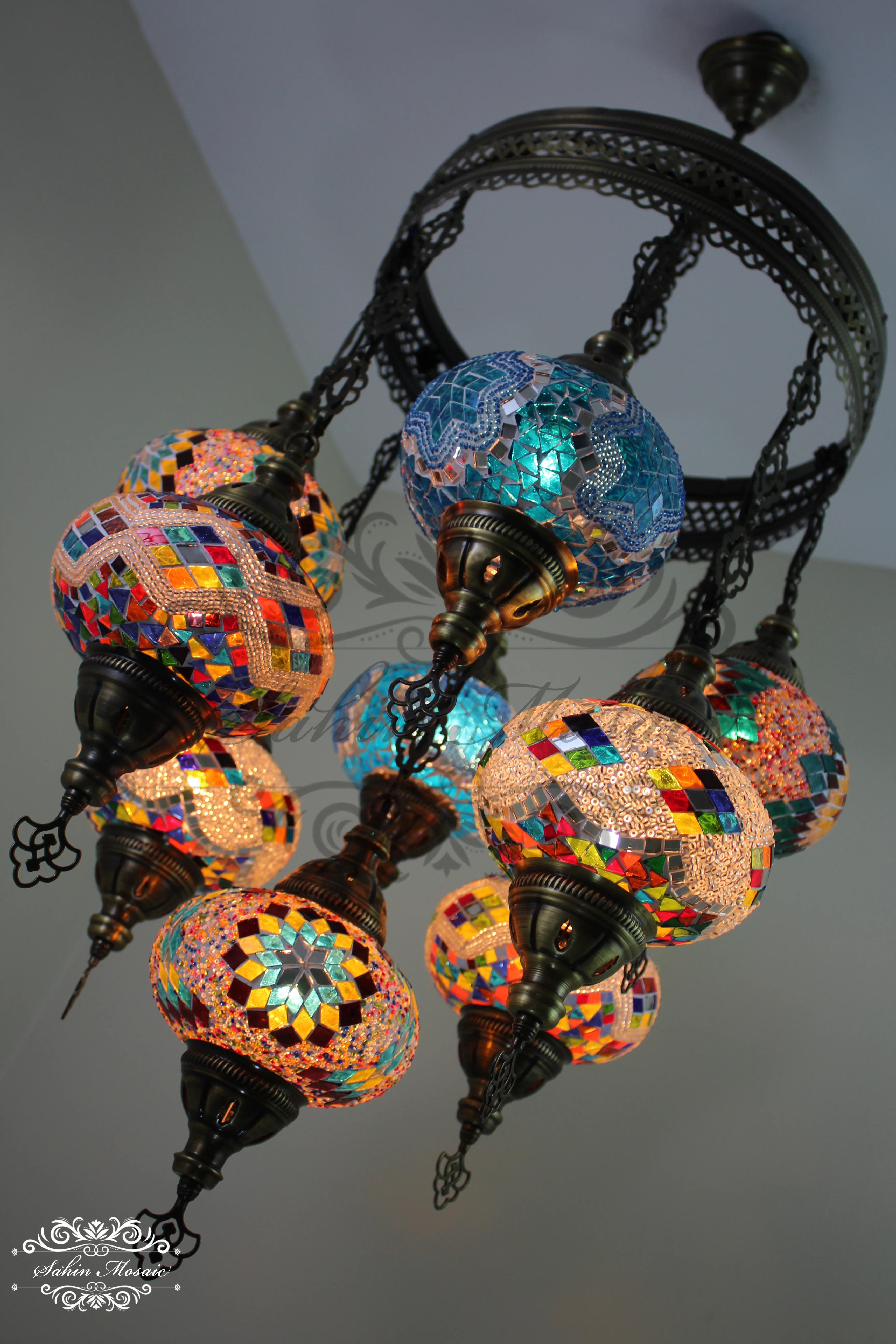 9-Ball Turkish Sultan Mosaic Chandelier - Handmade Large Globes | ID: 9SL-A - Image 4