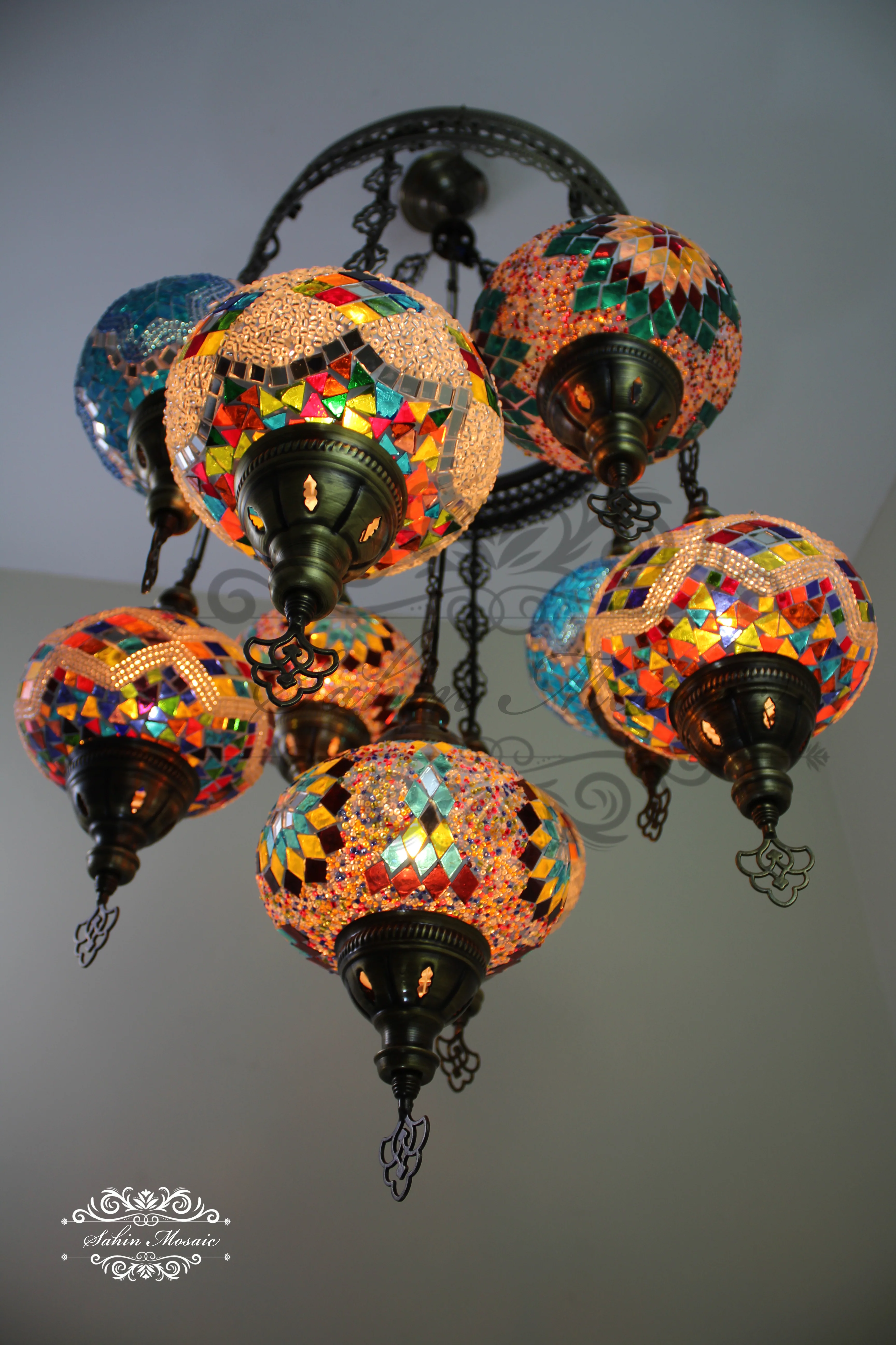 9-Ball Turkish Sultan Mosaic Chandelier - Handmade Large Globes | ID: 9SL-A - Image 6