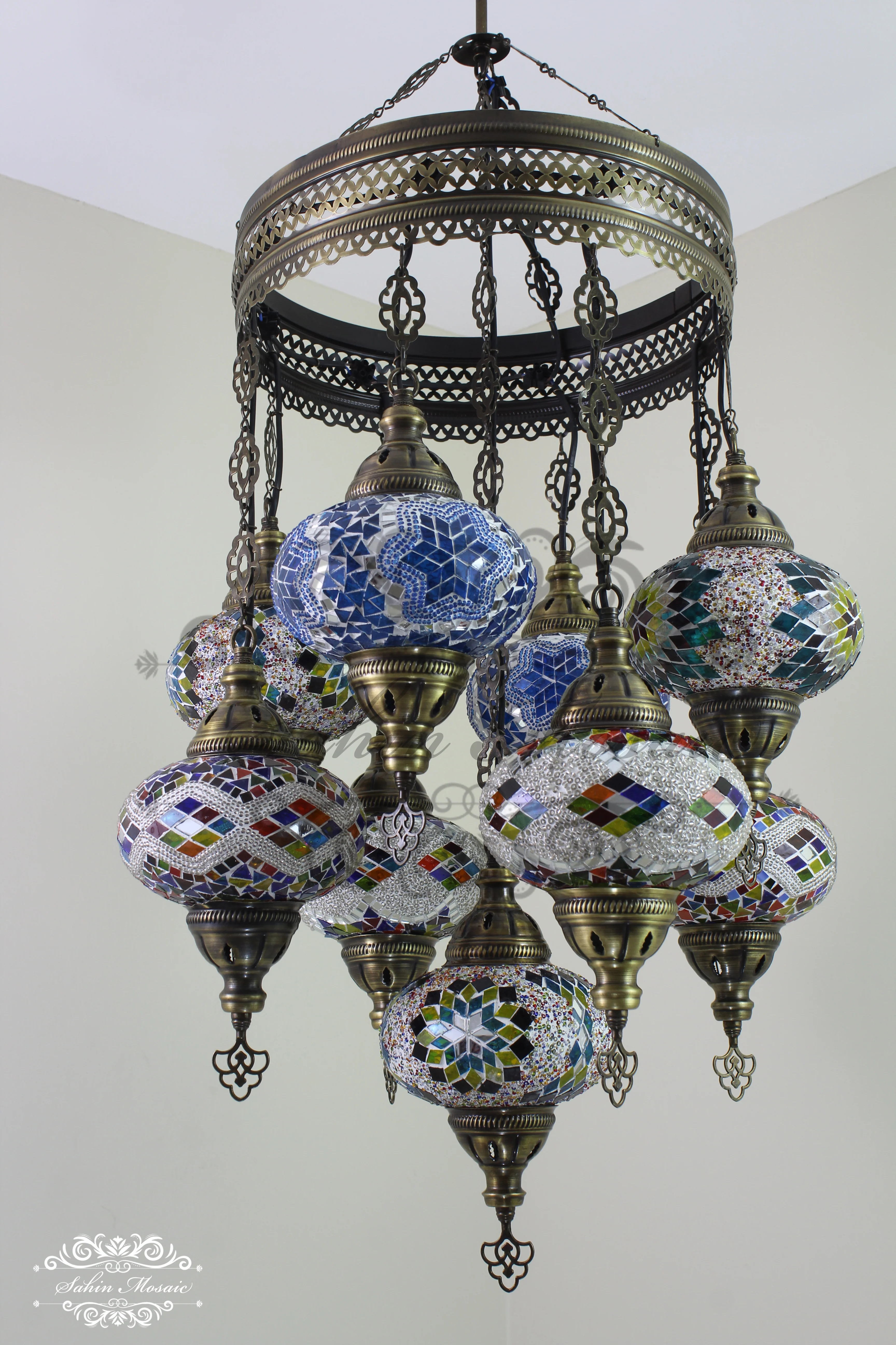 9-Ball Turkish Sultan Mosaic Chandelier - Handmade Large Globes | ID: 9SL-A - Image 7