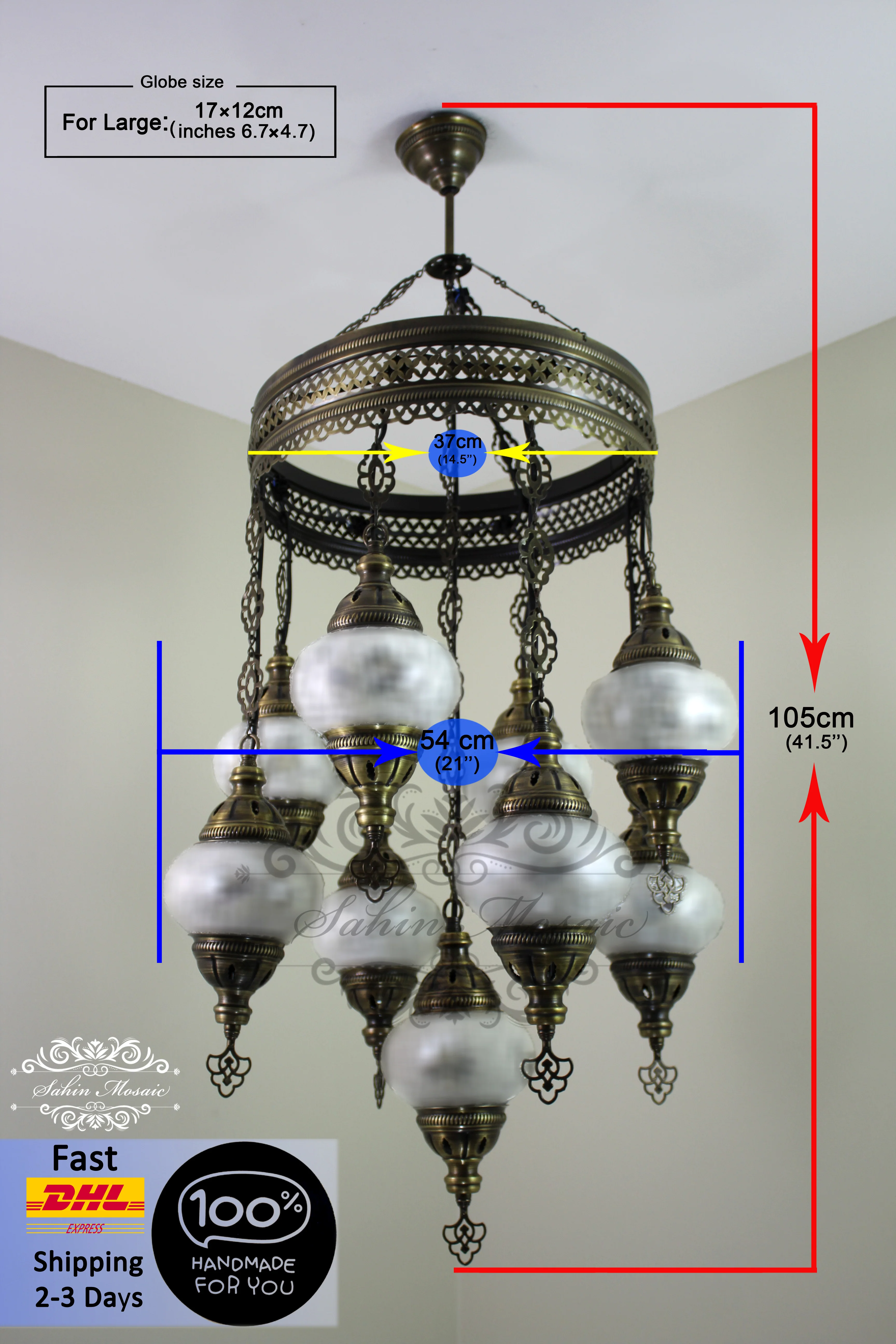 9-Ball Turkish Sultan Mosaic Chandelier - Handmade Large Globes | ID: 9SL-A - Image 9
