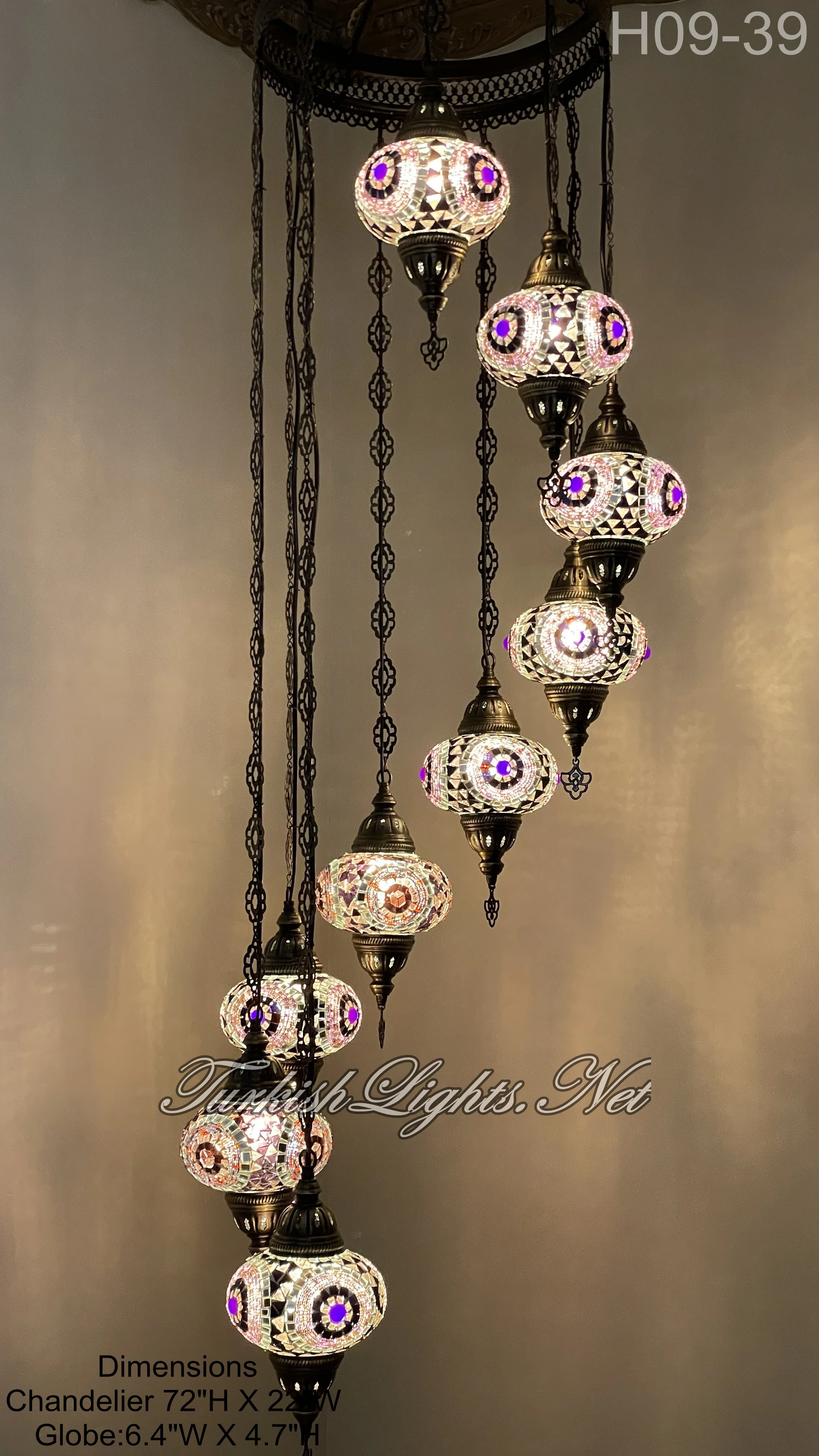 9 Ball Turkish Mosaic Chandelier - Water Drop Design with Large Globes, ID: 9WL-A - Image 2