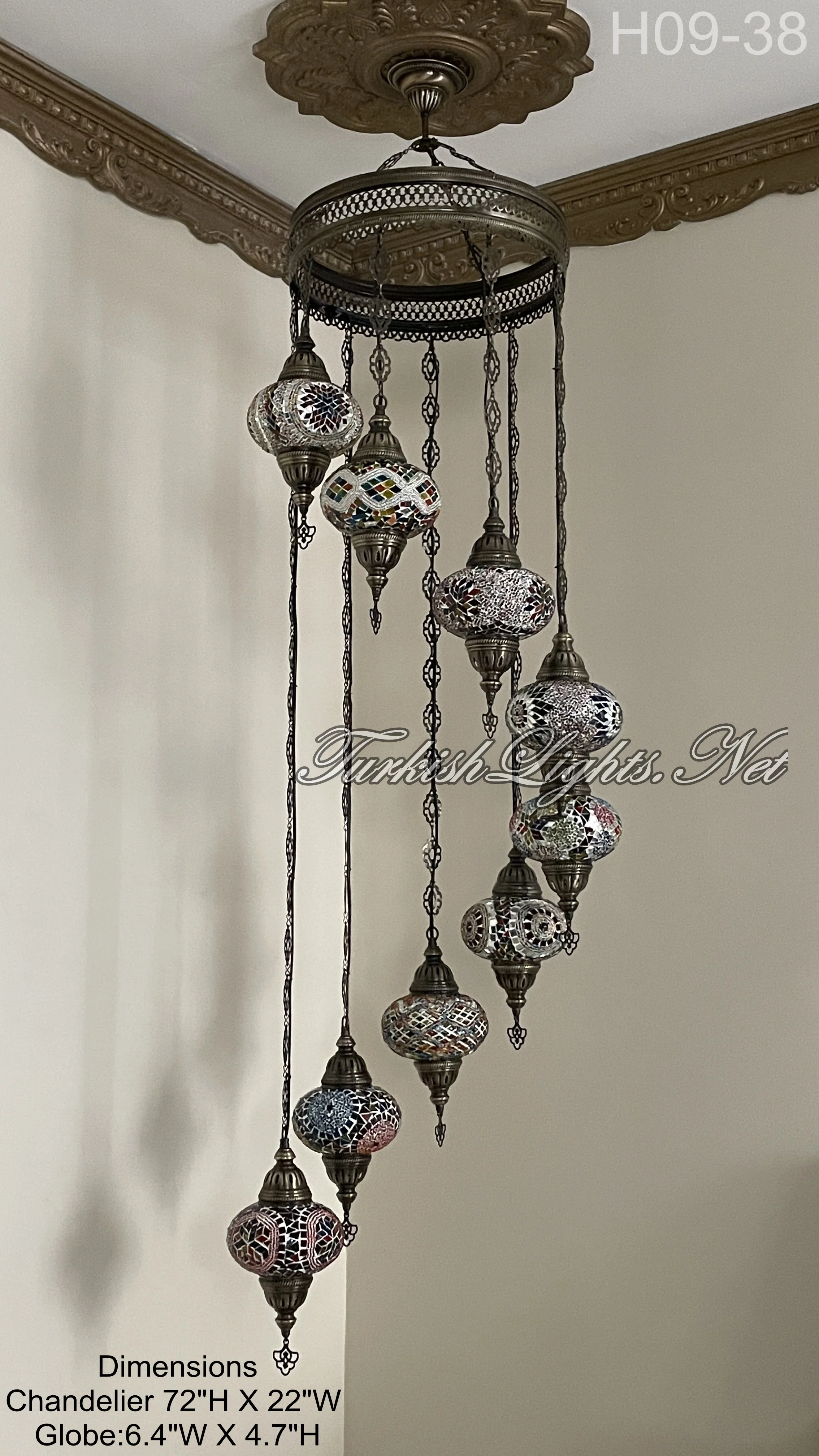 9 Ball Turkish Mosaic Chandelier - Water Drop Design with Large Globes, ID: 9WL-B - Image 3