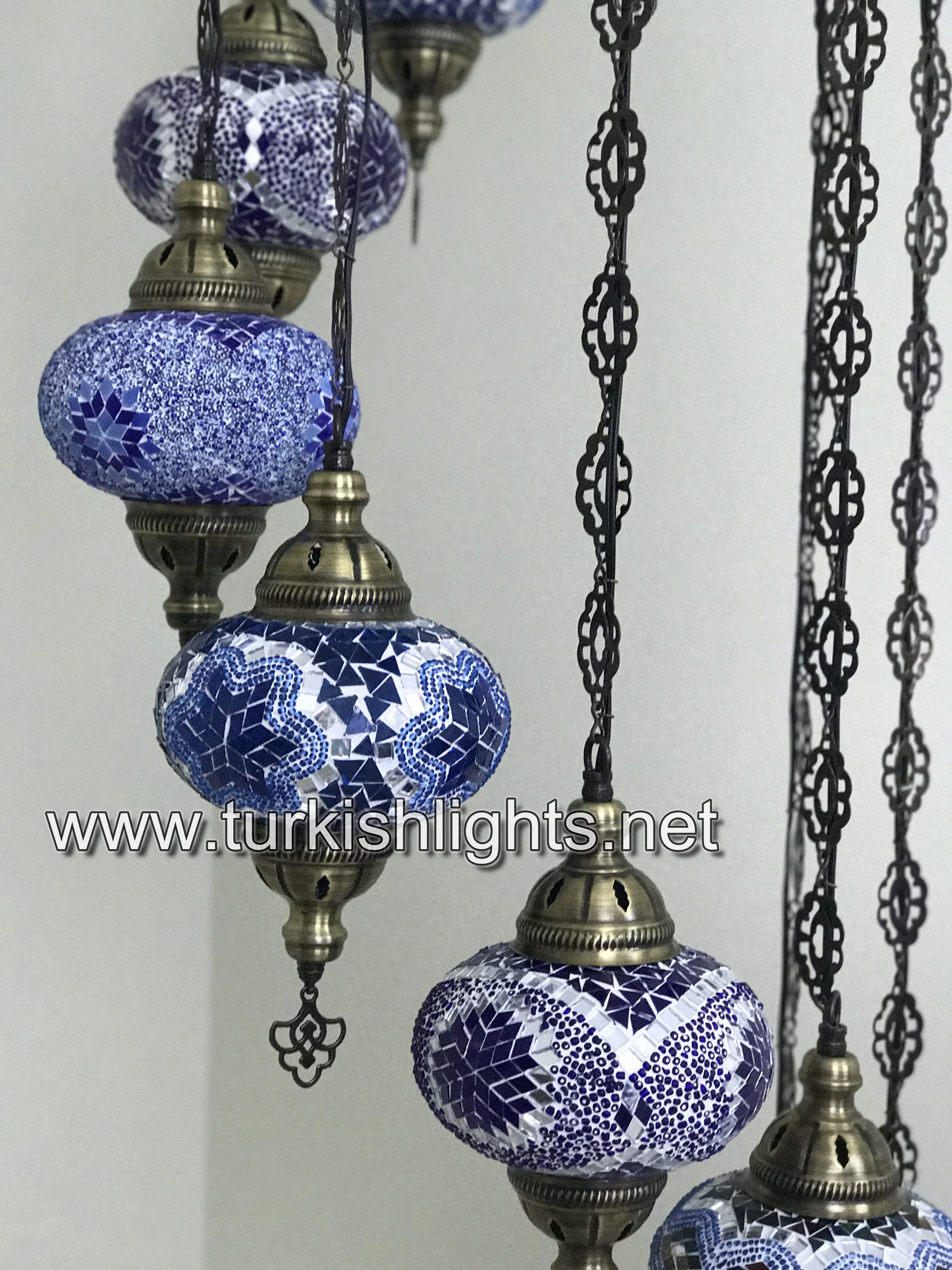 9 Ball Turkish Mosaic Chandelier - Water Drop Design with Large Globes, ID: 9WL-BlueMix - Image 11