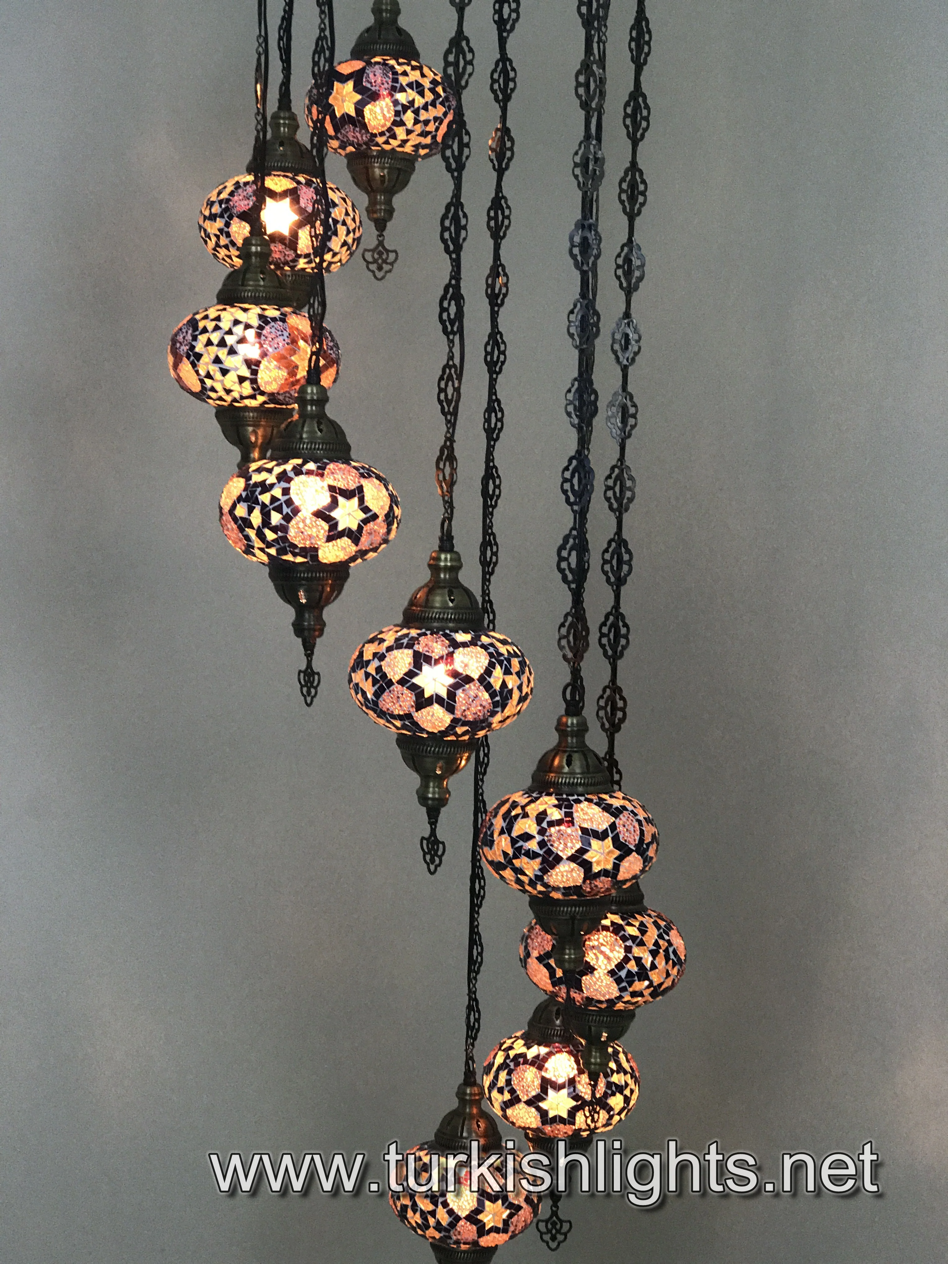 9 Ball Turkish Mosaic Chandelier - Water Drop Design with Large Globes, ID: 9WL-BROWN - Image 11