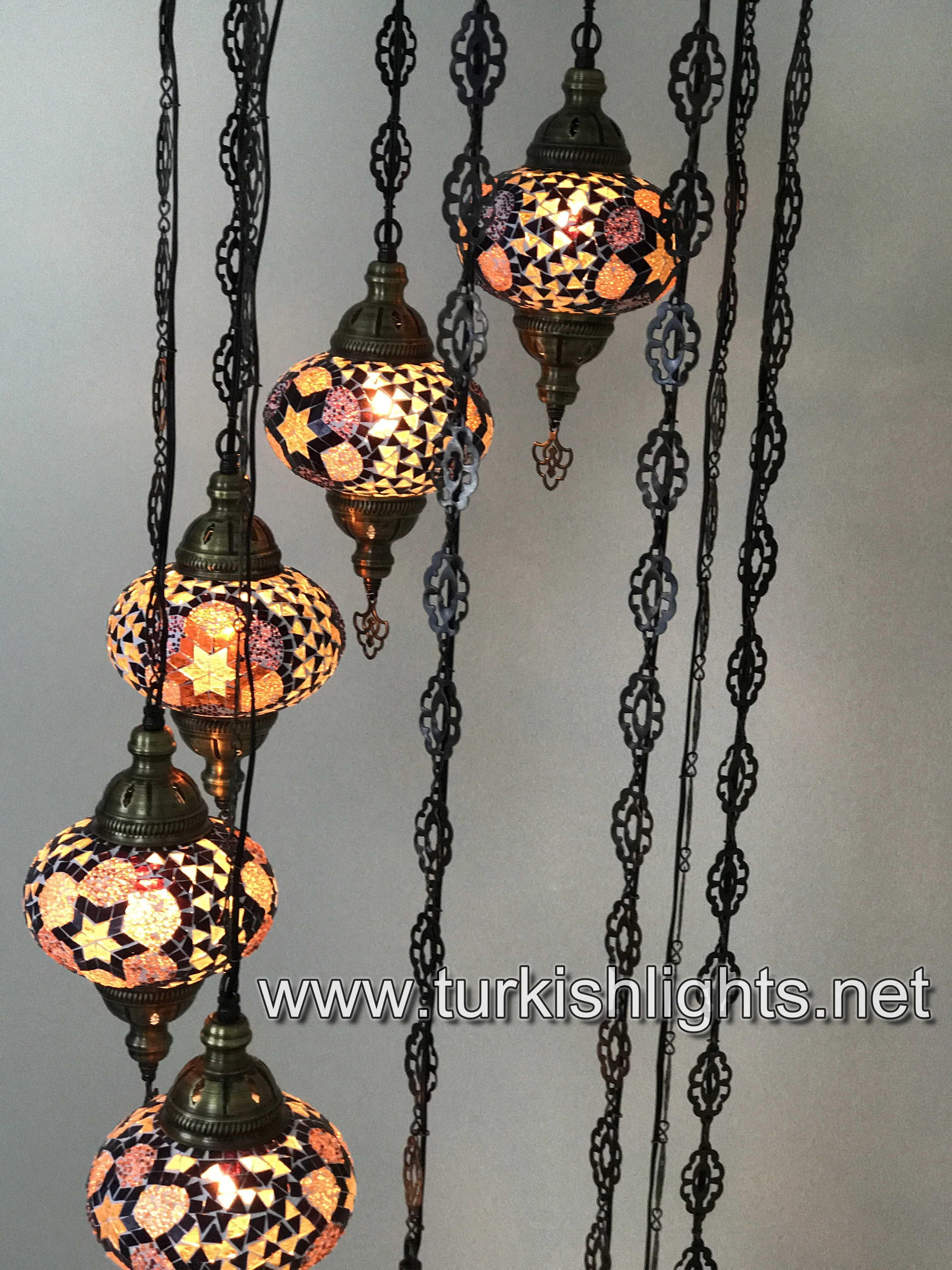 9 Ball Turkish Mosaic Chandelier - Water Drop Design with Large Globes, ID: 9WL-BROWN - Image 3