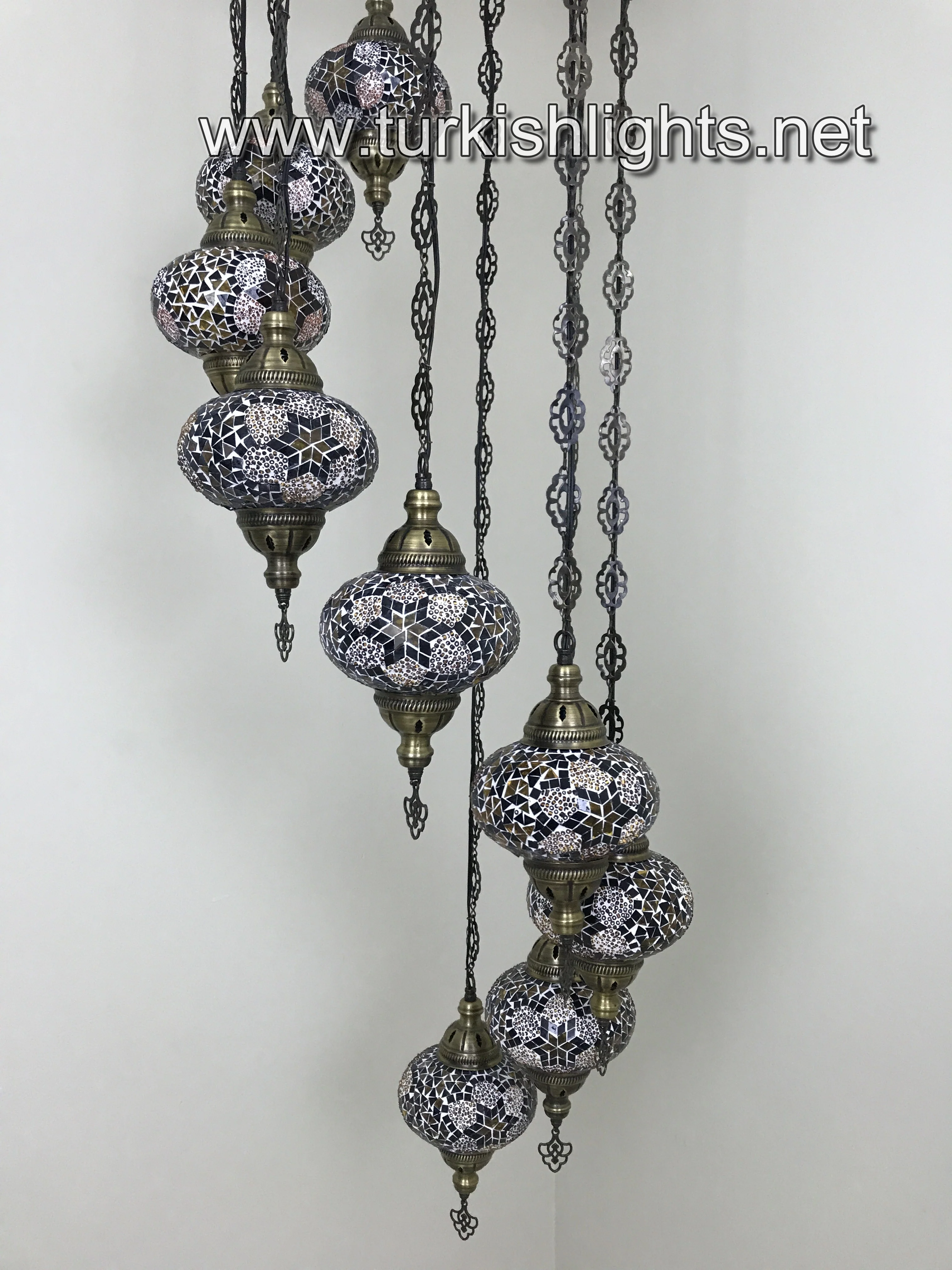 9 Ball Turkish Mosaic Chandelier - Water Drop Design with Large Globes, ID: 9WL-BROWN - Image 9