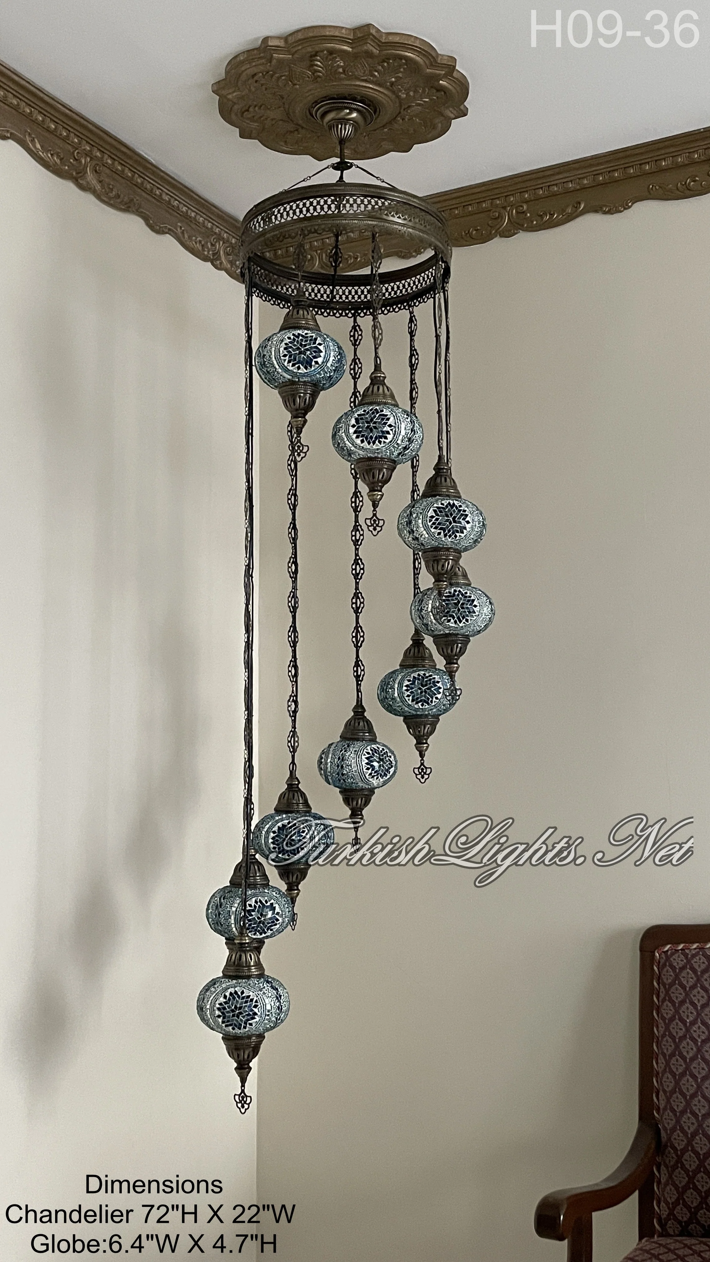 9 Ball Turkish Mosaic Chandelier - Water Drop Design with Large Globes, ID: 9WL-D - Image 3