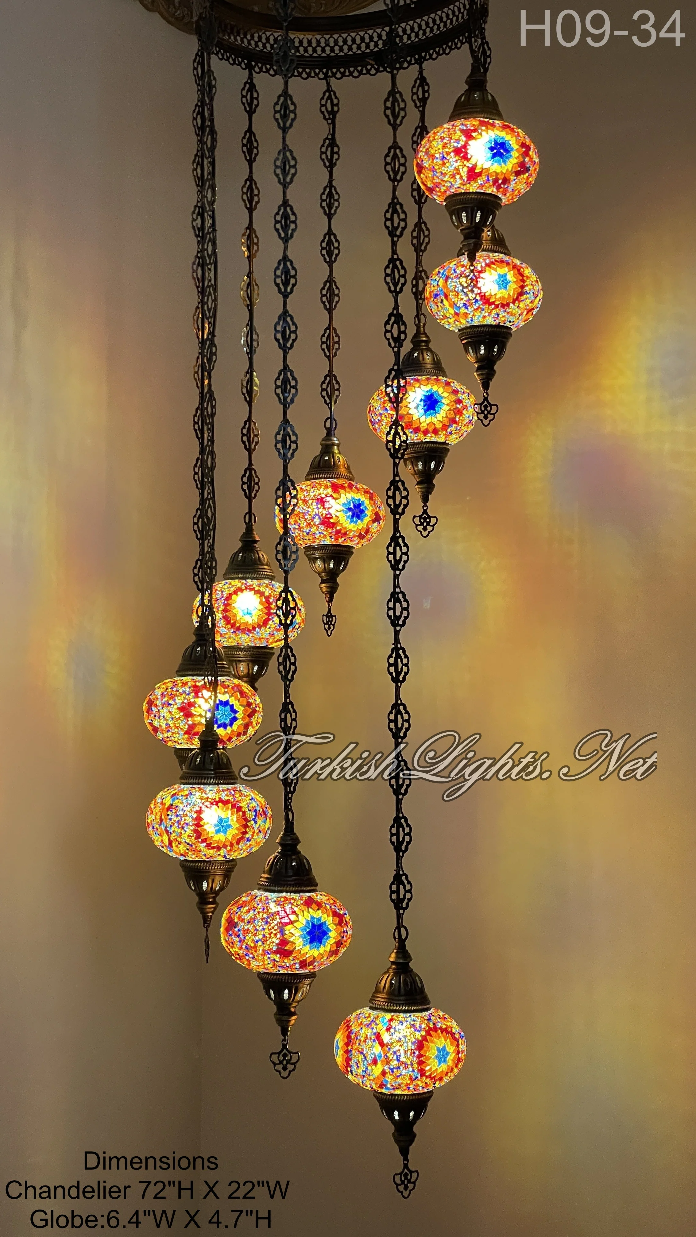 9 Ball Turkish Mosaic Chandelier - Water Drop Design with Large Globes, ID: 9WL-F - Image 2