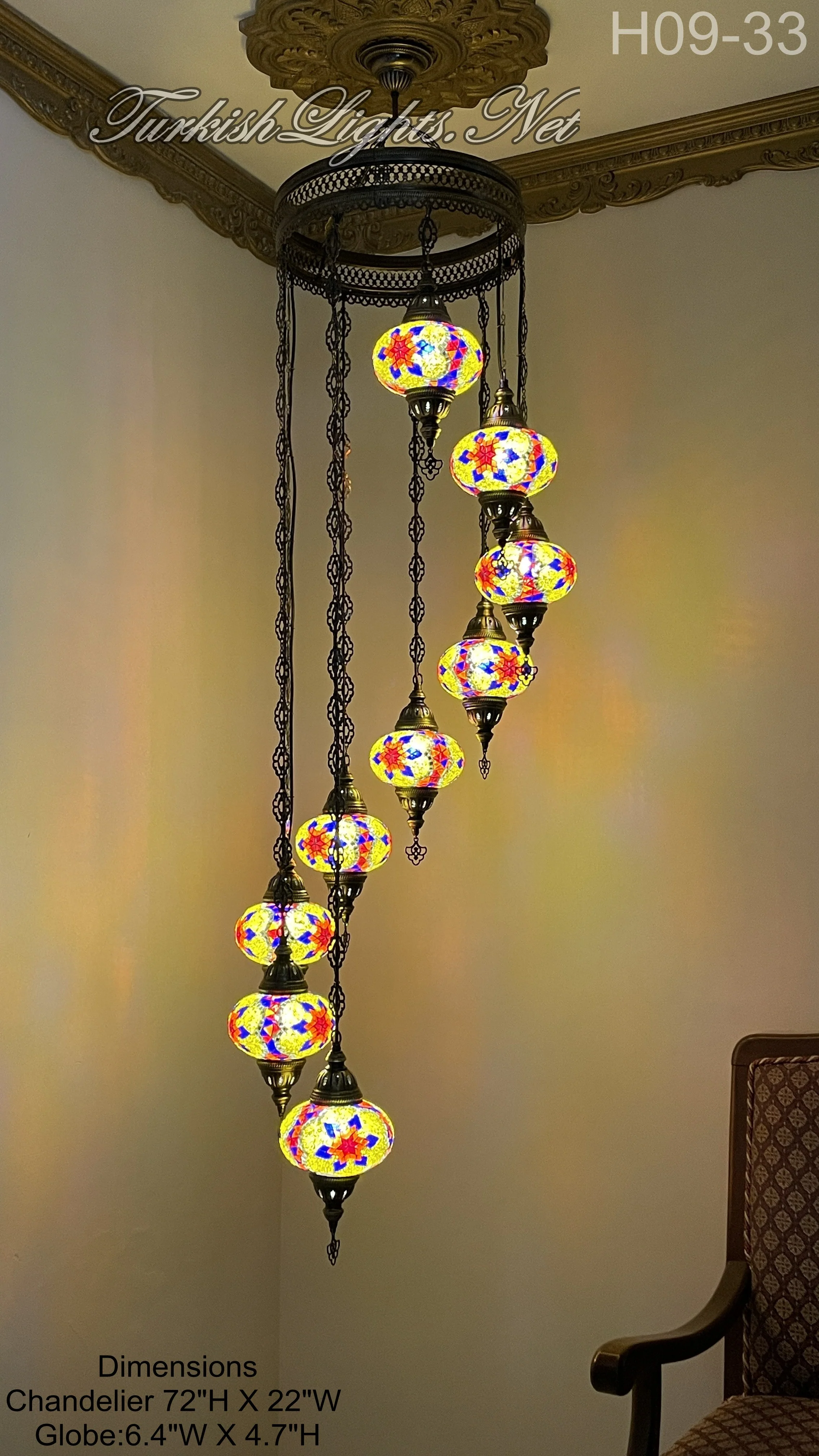 9 Ball Turkish Mosaic Chandelier - Water Drop Design with Large Globes, ID: 9WL-H