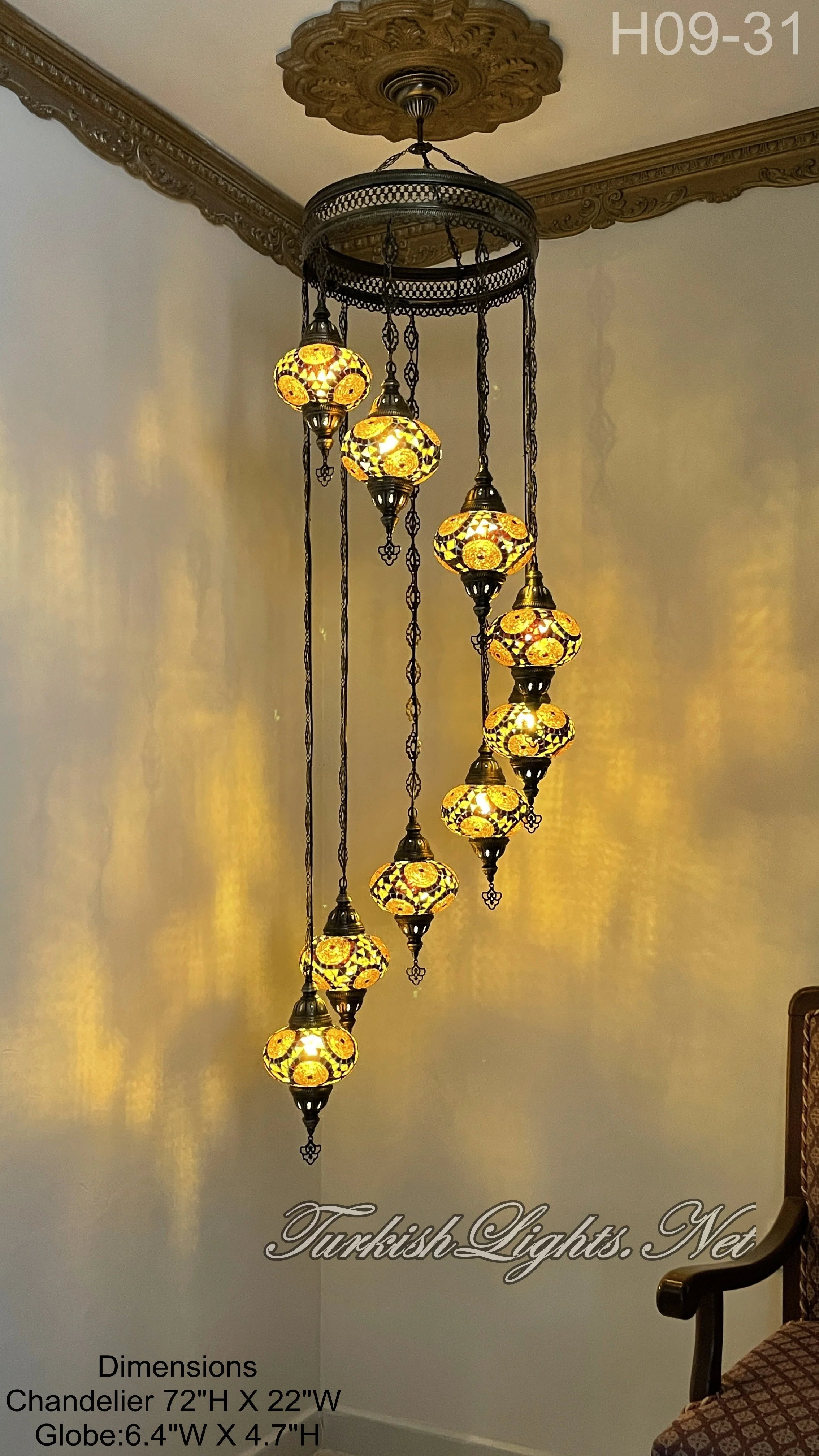 9 Ball Turkish Mosaic Chandelier - Water Drop Design with Large Globes, ID: 9WL-J