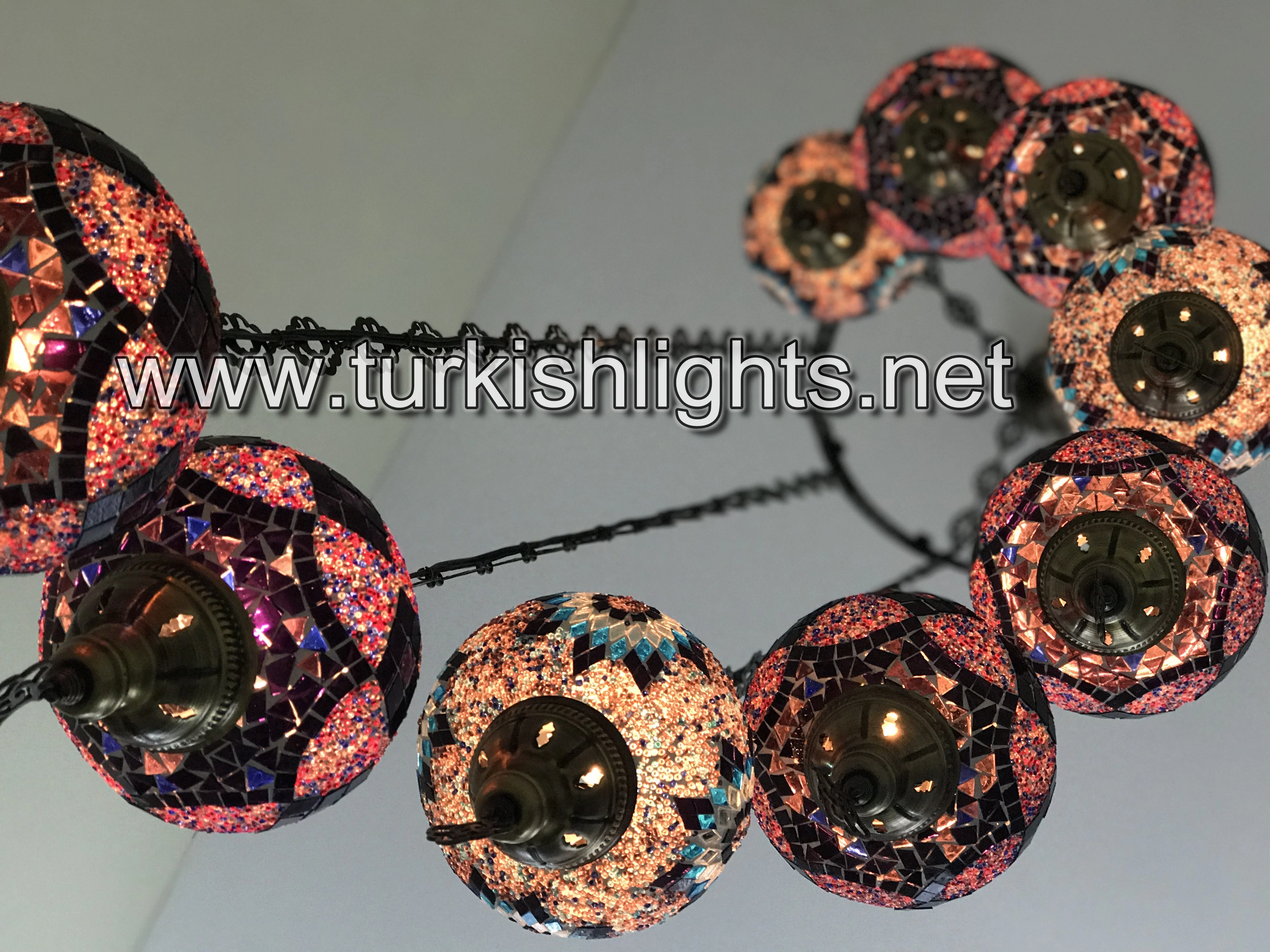 9 Ball Turkish Mosaic Chandelier - Water Drop Design with Large Globes, ID: 9WL-PURPLE - Image 3