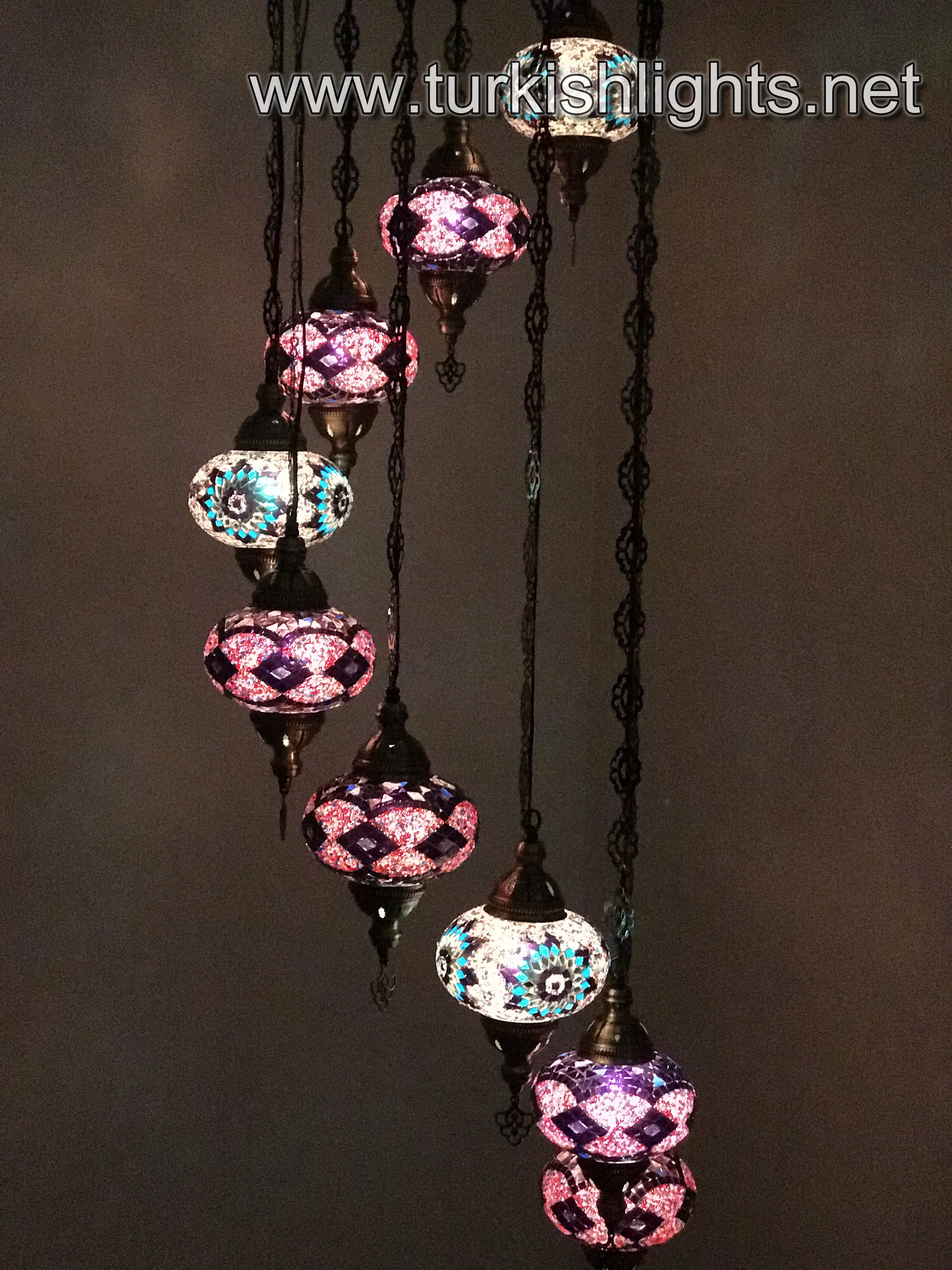 9 Ball Turkish Mosaic Chandelier - Water Drop Design with Large Globes, ID: 9WL-PURPLE - Image 4