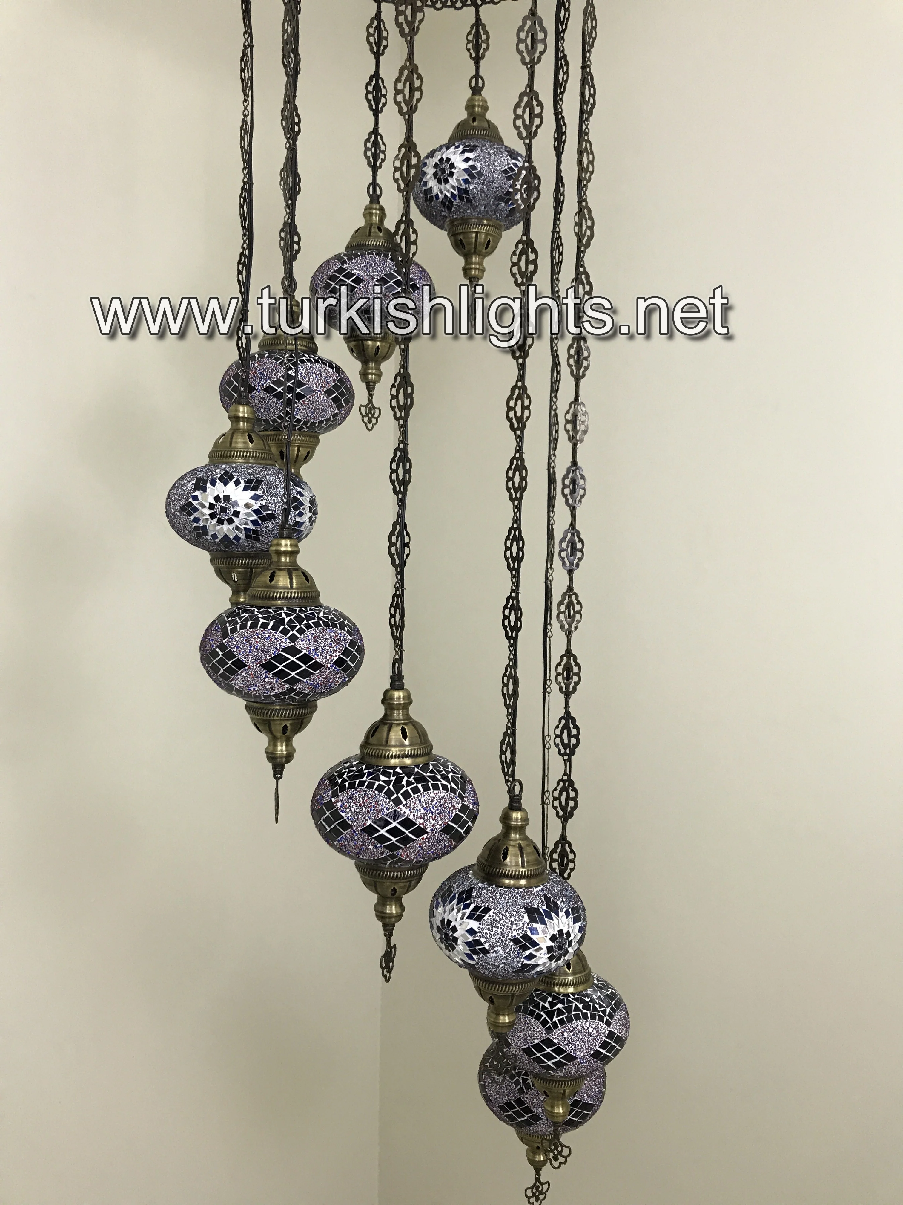 9 Ball Turkish Mosaic Chandelier - Water Drop Design with Large Globes, ID: 9WL-PURPLE - Image 8