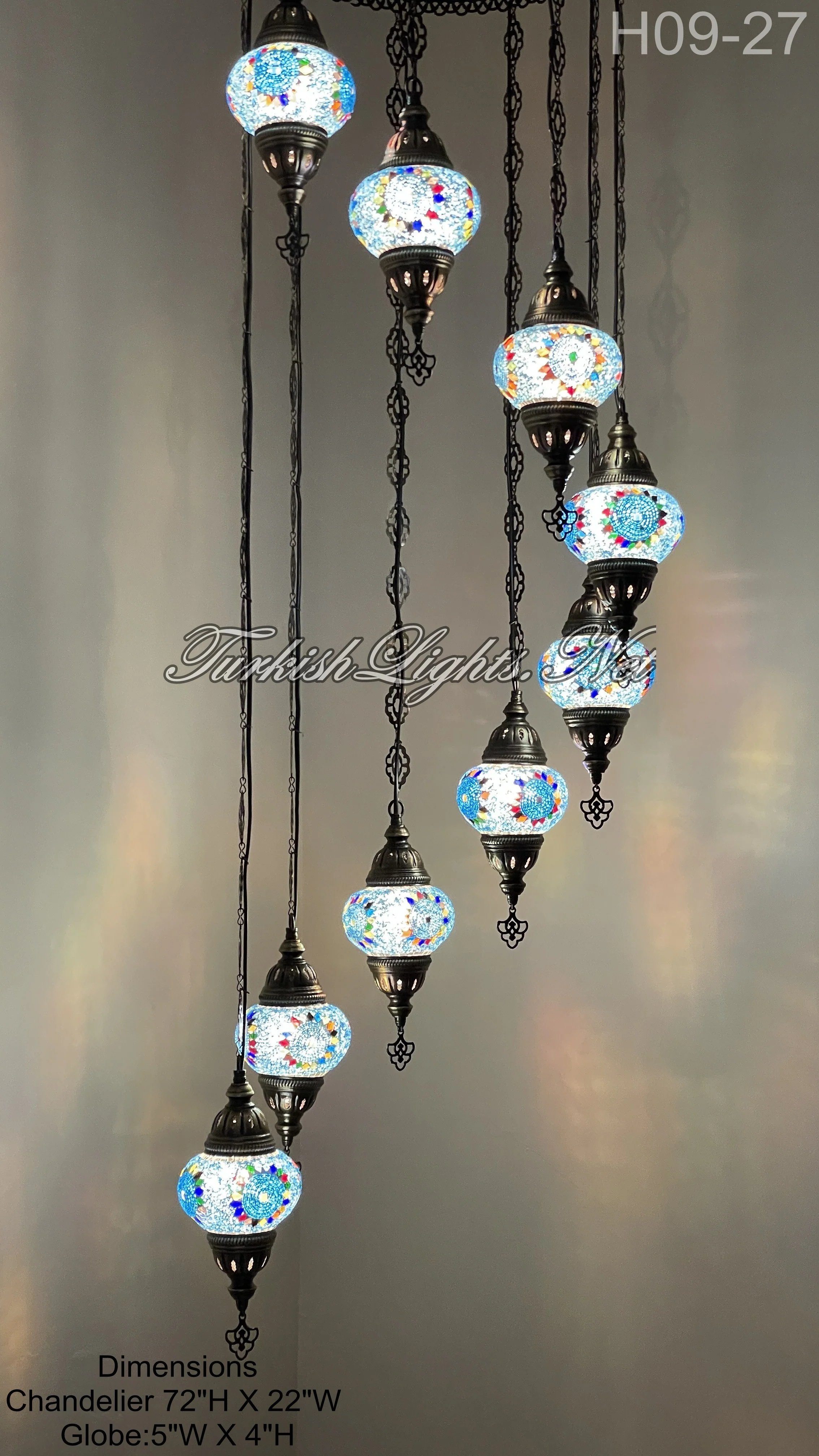 9 Ball Turkish Mosaic Chandelier - Water Drop Design with Medium Globes, ID: 9WM-B - Image 2
