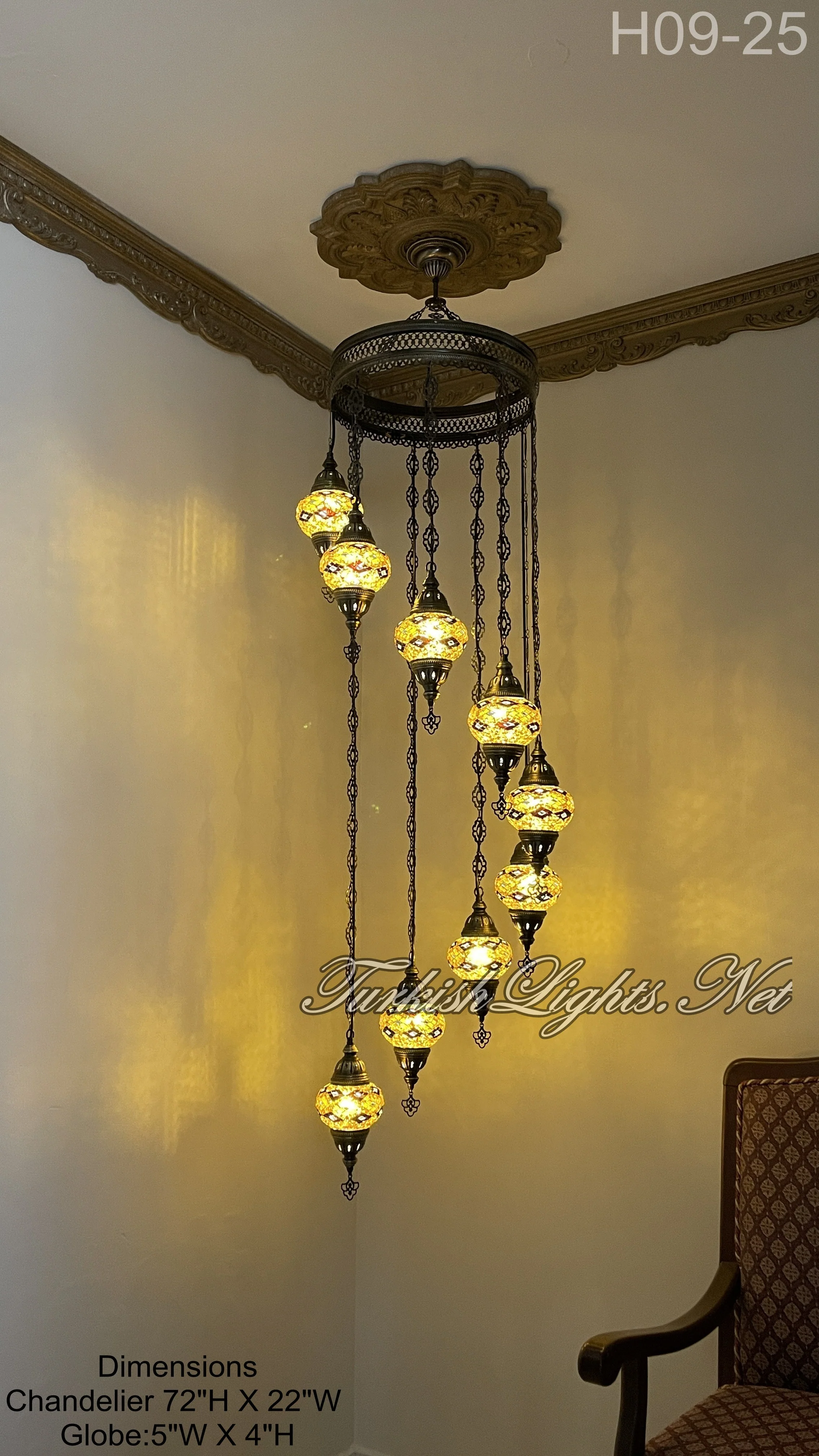 9 Ball Turkish Mosaic Chandelier - Water Drop Design with Medium Globes, ID: 9WM-D