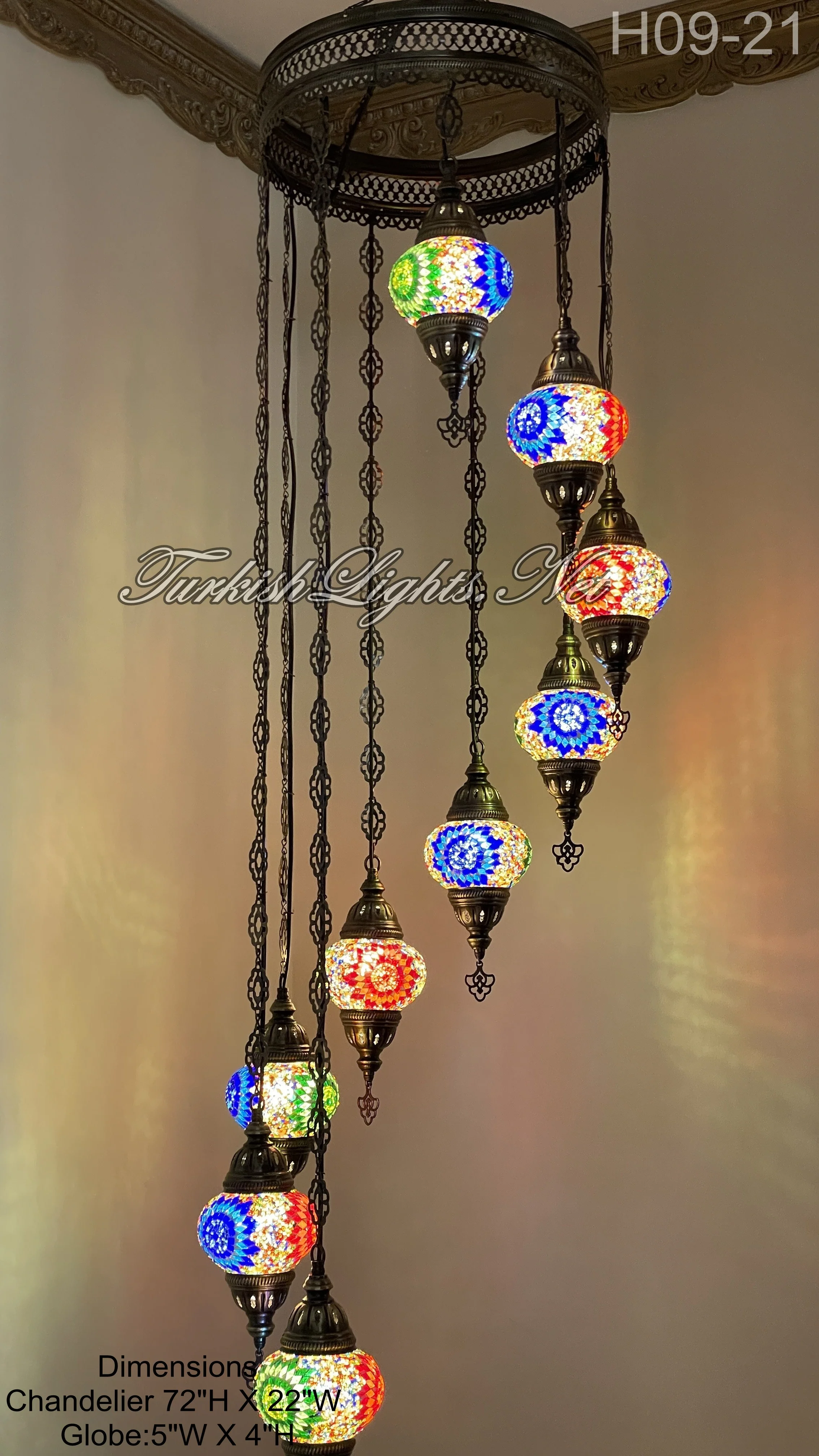 9 Ball Turkish Mosaic Chandelier - Water Drop Design with Medium Globes, ID: 9WM-F - Image 2