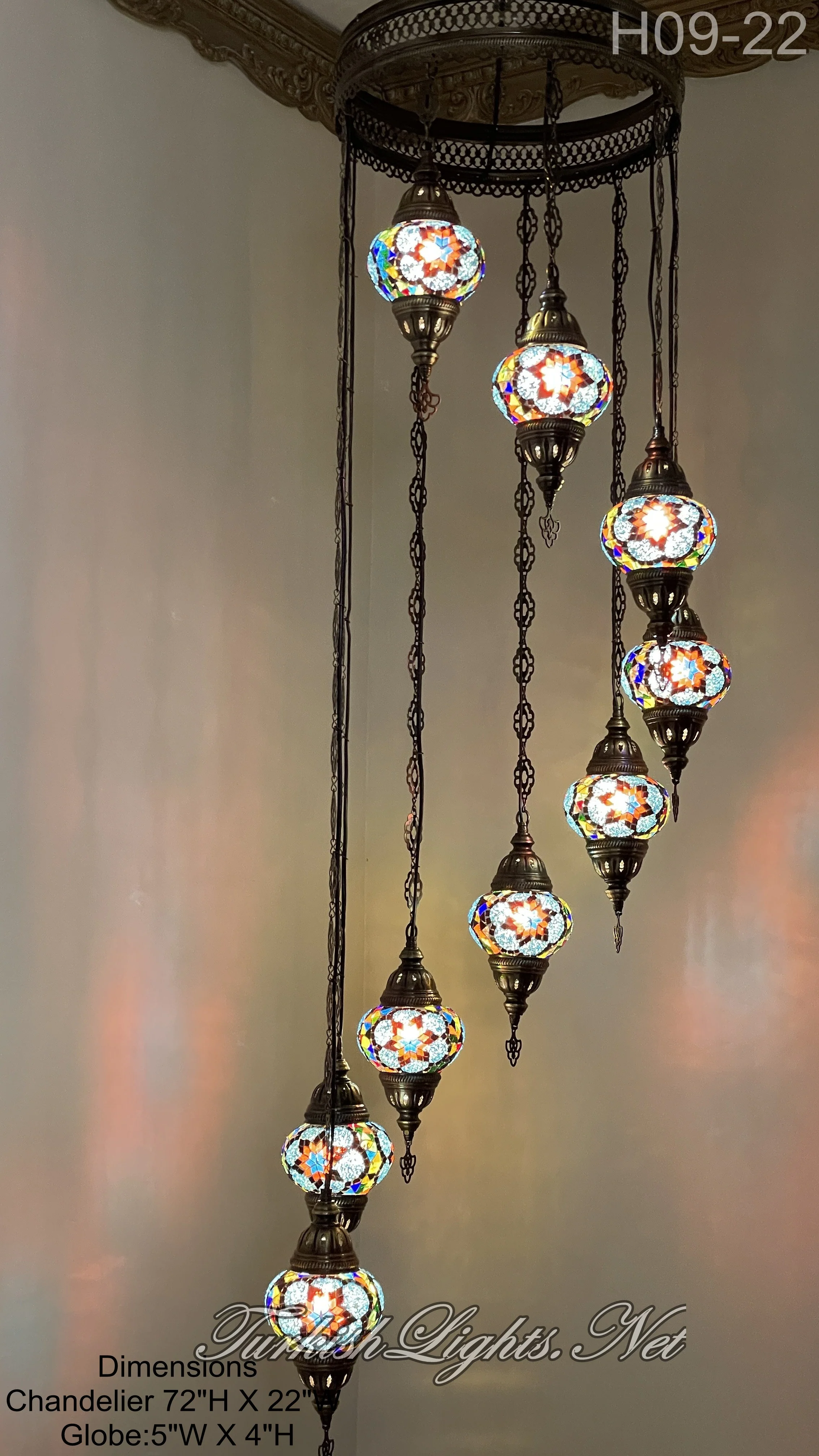 9 Ball Turkish Mosaic Chandelier - Water Drop Design with Medium Globes, ID: 9WM-G - Image 2