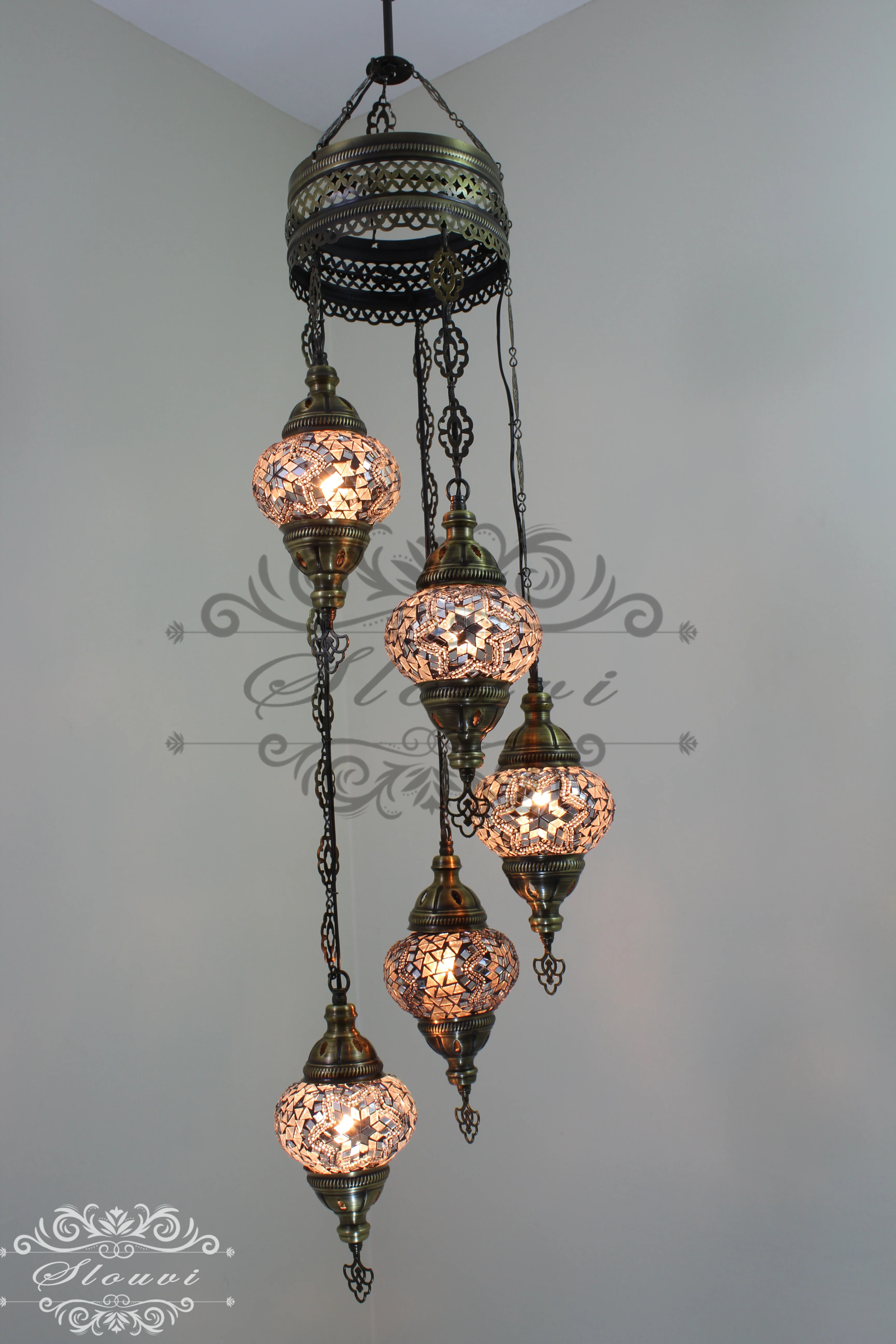 5 Ball Turkish Mosaic Chandelier - Water Drop Design with Medium Globes, ID: H05M-3 - Image 3