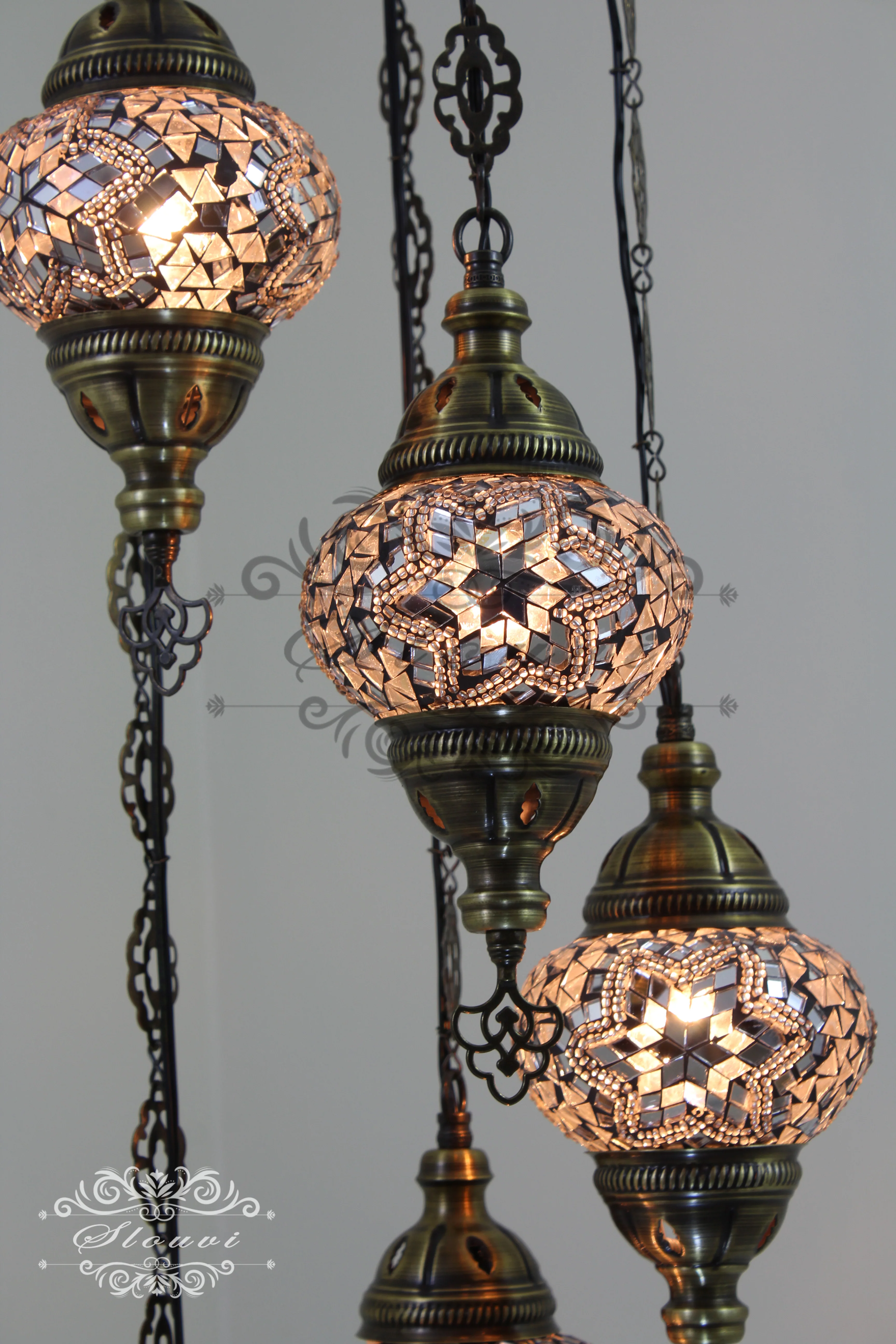 5 Ball Turkish Mosaic Chandelier - Water Drop Design with Medium Globes, ID: H05M-3 - Image 4