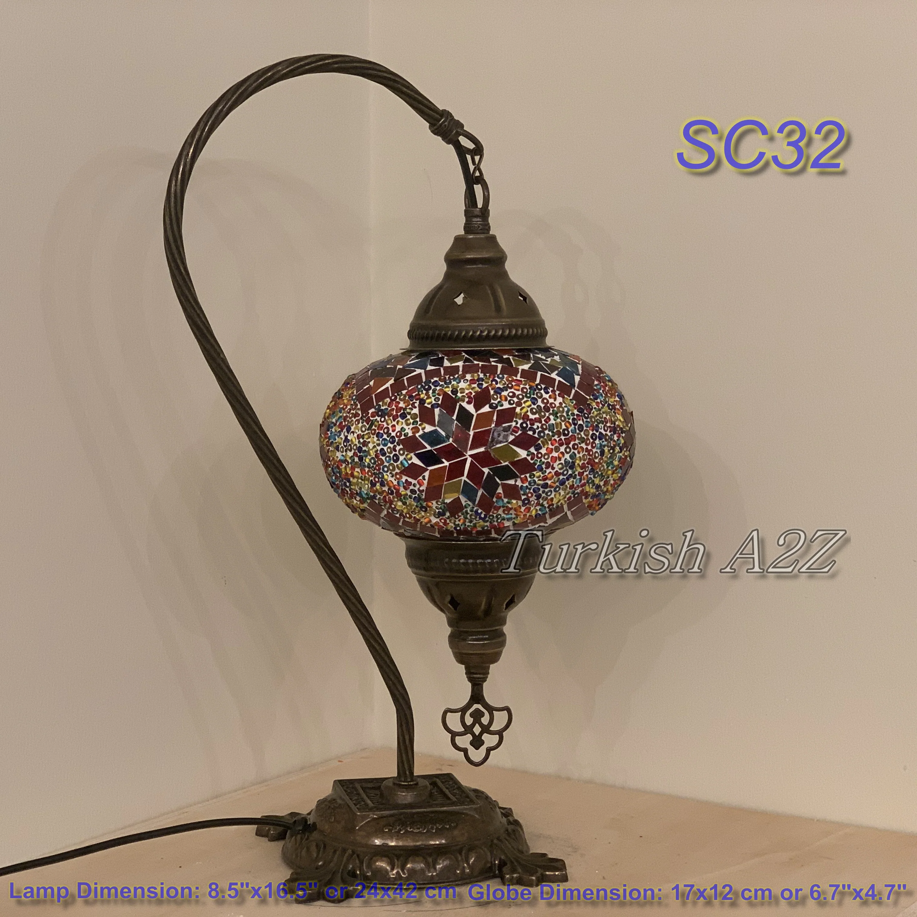 Turkish Mosaic Swan Neck Table Lamp Large Globe ID: BL-20 - Image 20