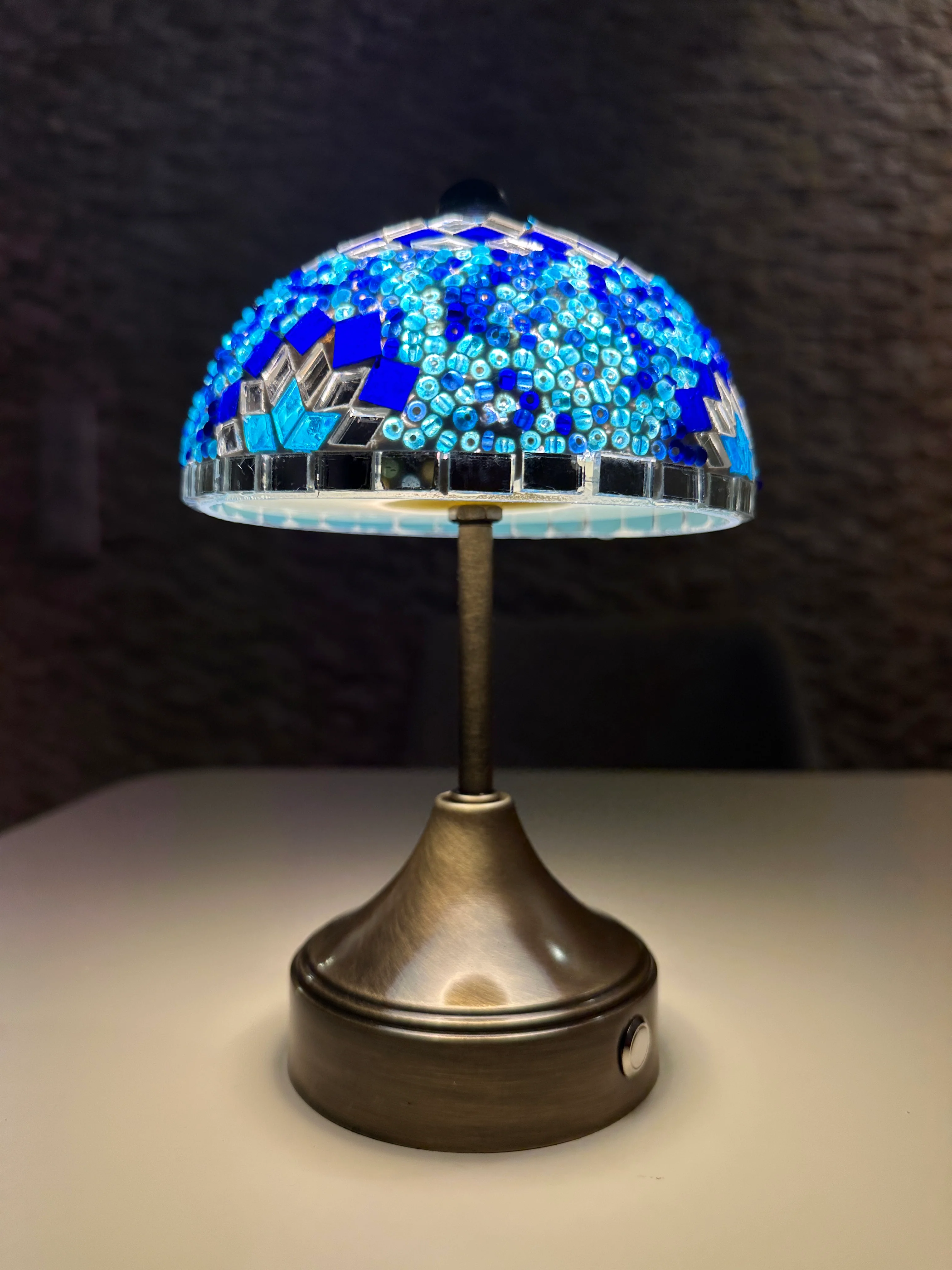 Handmade Turkish Mosaic Mushroom Table Lamp – Rechargeable, Cordless - Blue - Image 6