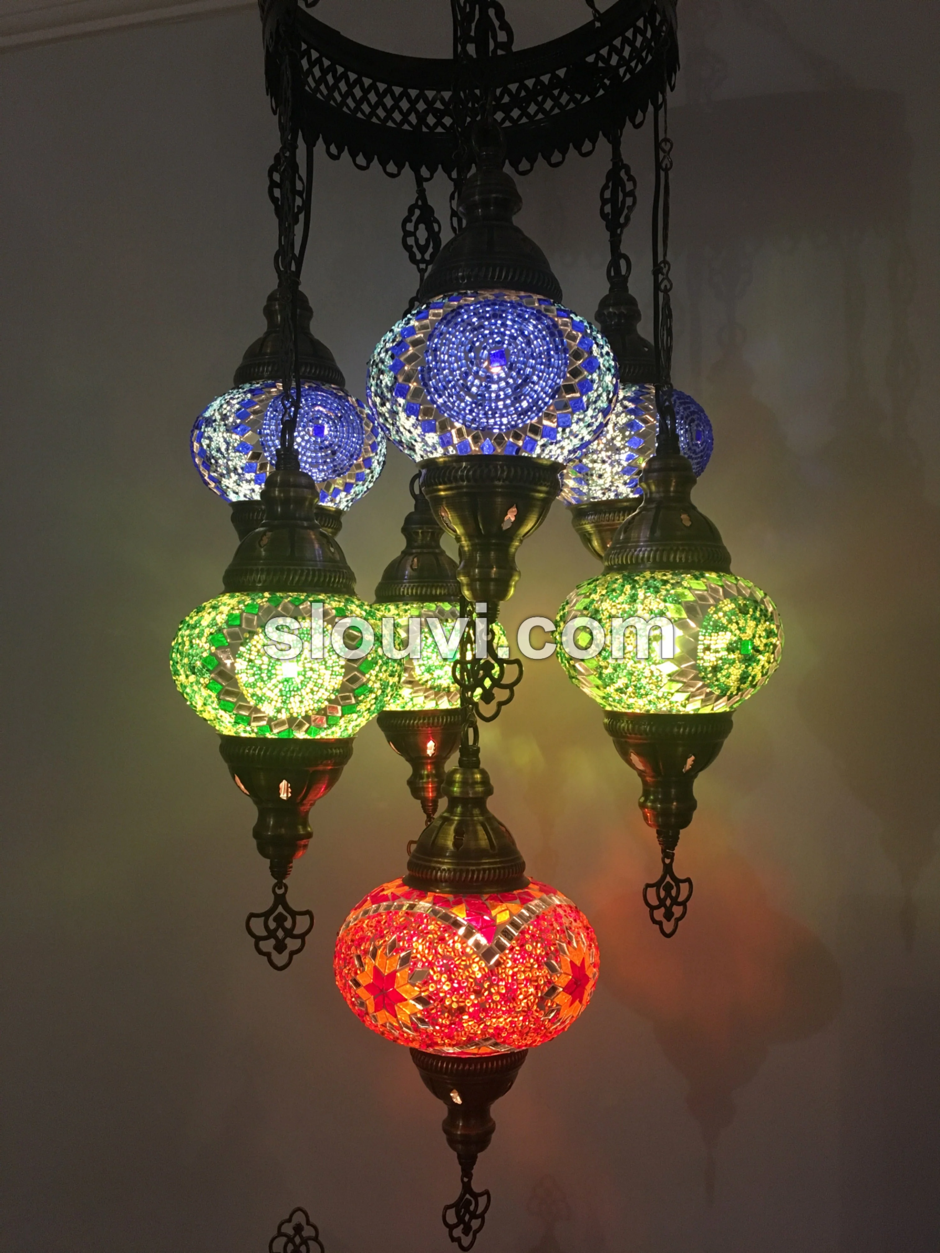 7 Ball Turkish Mosaic Chandelier - Handmade Sultan Design with Medium Globes, ID: S7M-11 - Image 4