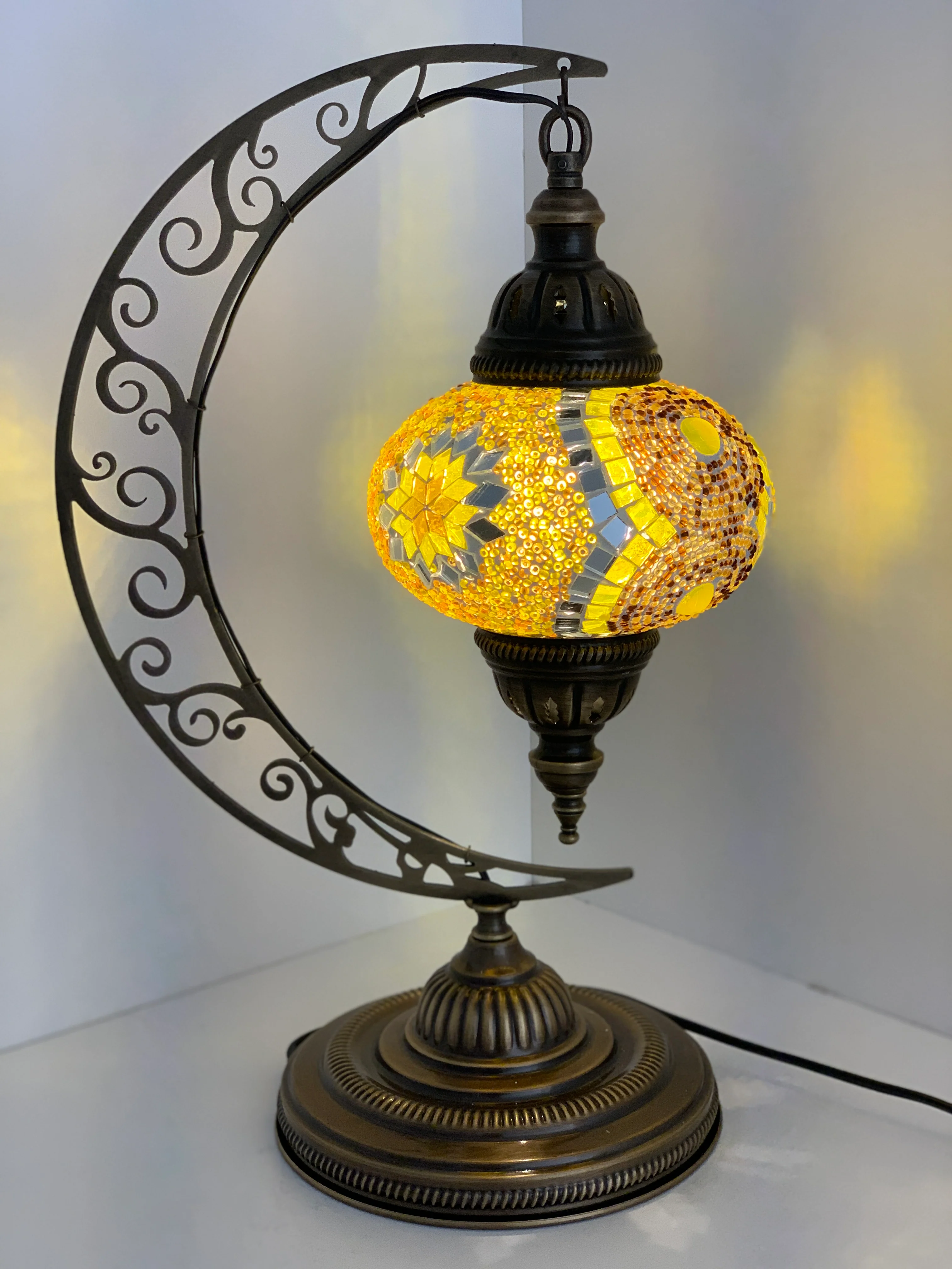 Handmade Turkish Mosaic Crescent Table Lamp | Large Globe ID: MOON - Image 6