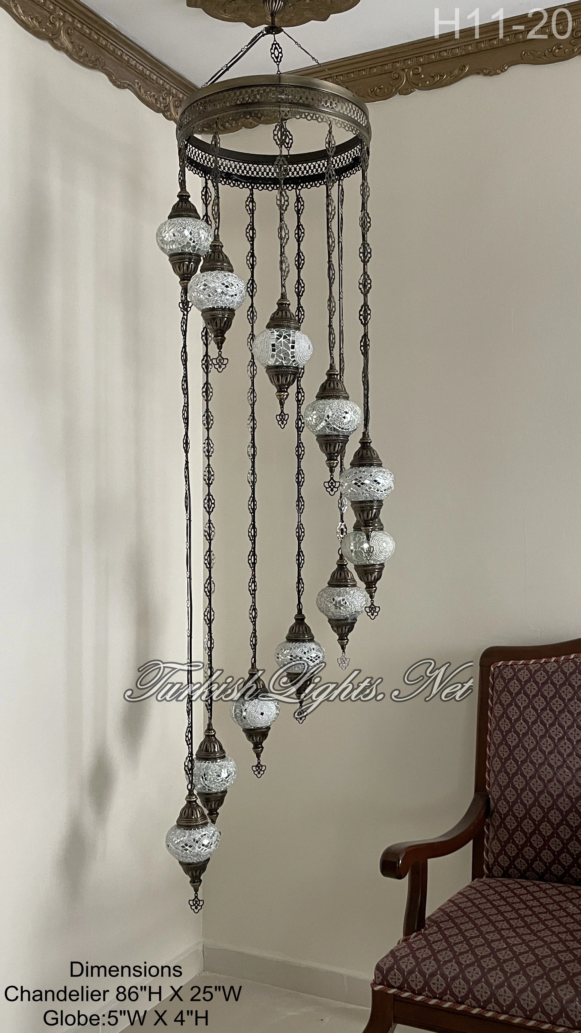 11 Ball Turkish Mosaic Chandelier - Water Drop Design with Medium Globes, ID: H11-20 - Image 3