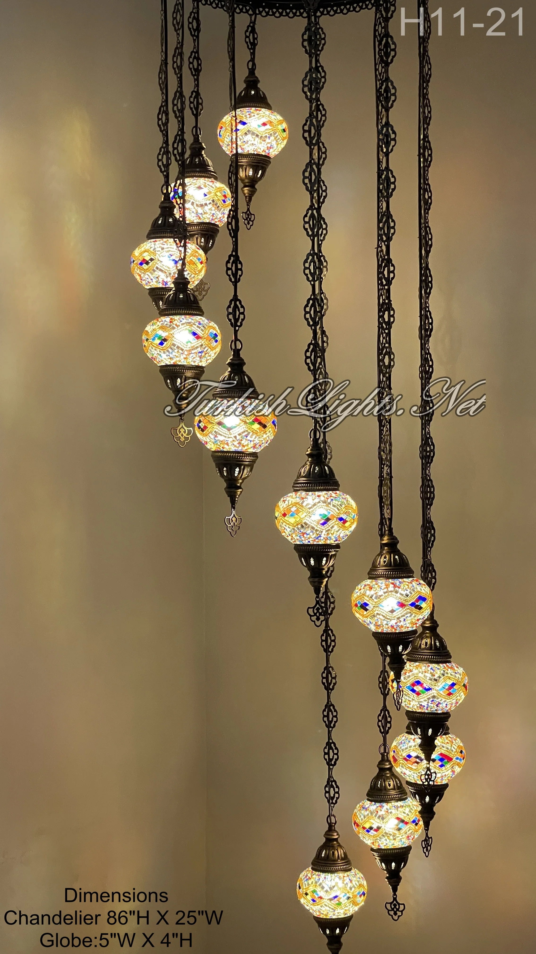 11 Ball Turkish Mosaic Chandelier - Water Drop Design with Medium Globes, ID: H11-21 - Image 2