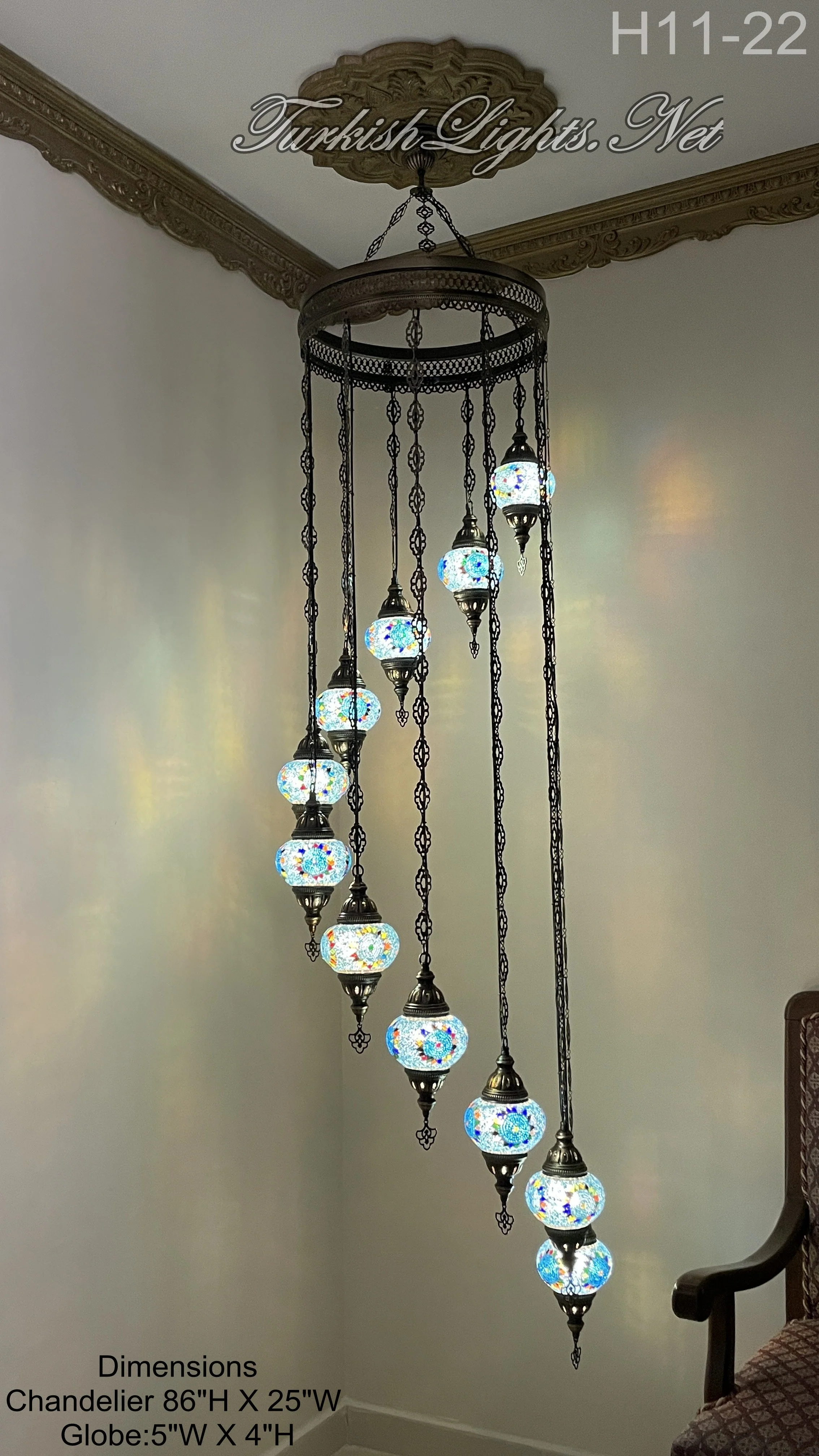 11 Ball Turkish Mosaic Chandelier - Water Drop Design with Medium Globes, ID: H11-22