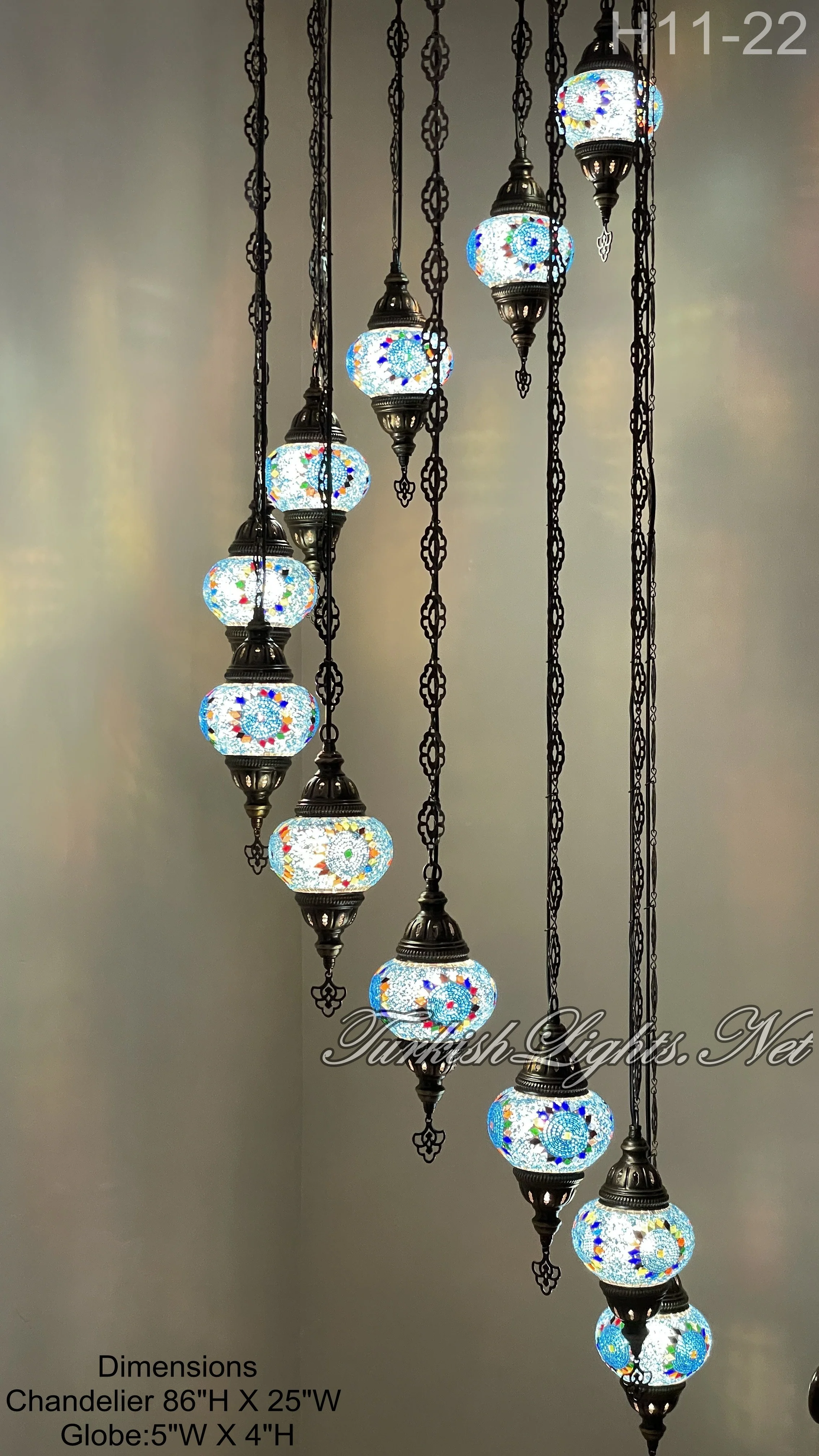 11 Ball Turkish Mosaic Chandelier - Water Drop Design with Medium Globes, ID: H11-22 - Image 2