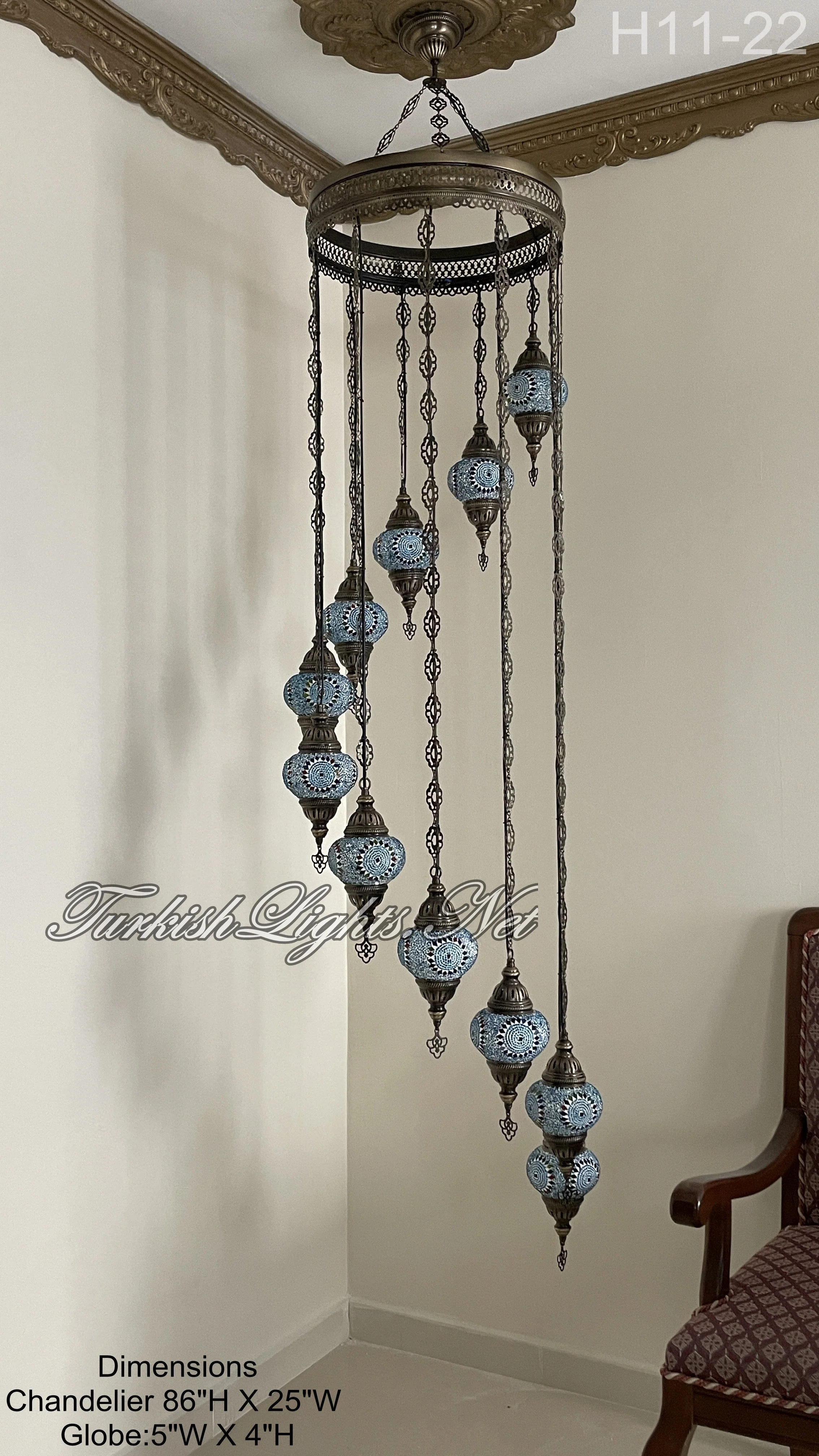 11 Ball Turkish Mosaic Chandelier - Water Drop Design with Medium Globes, ID: H11-22 - Image 3