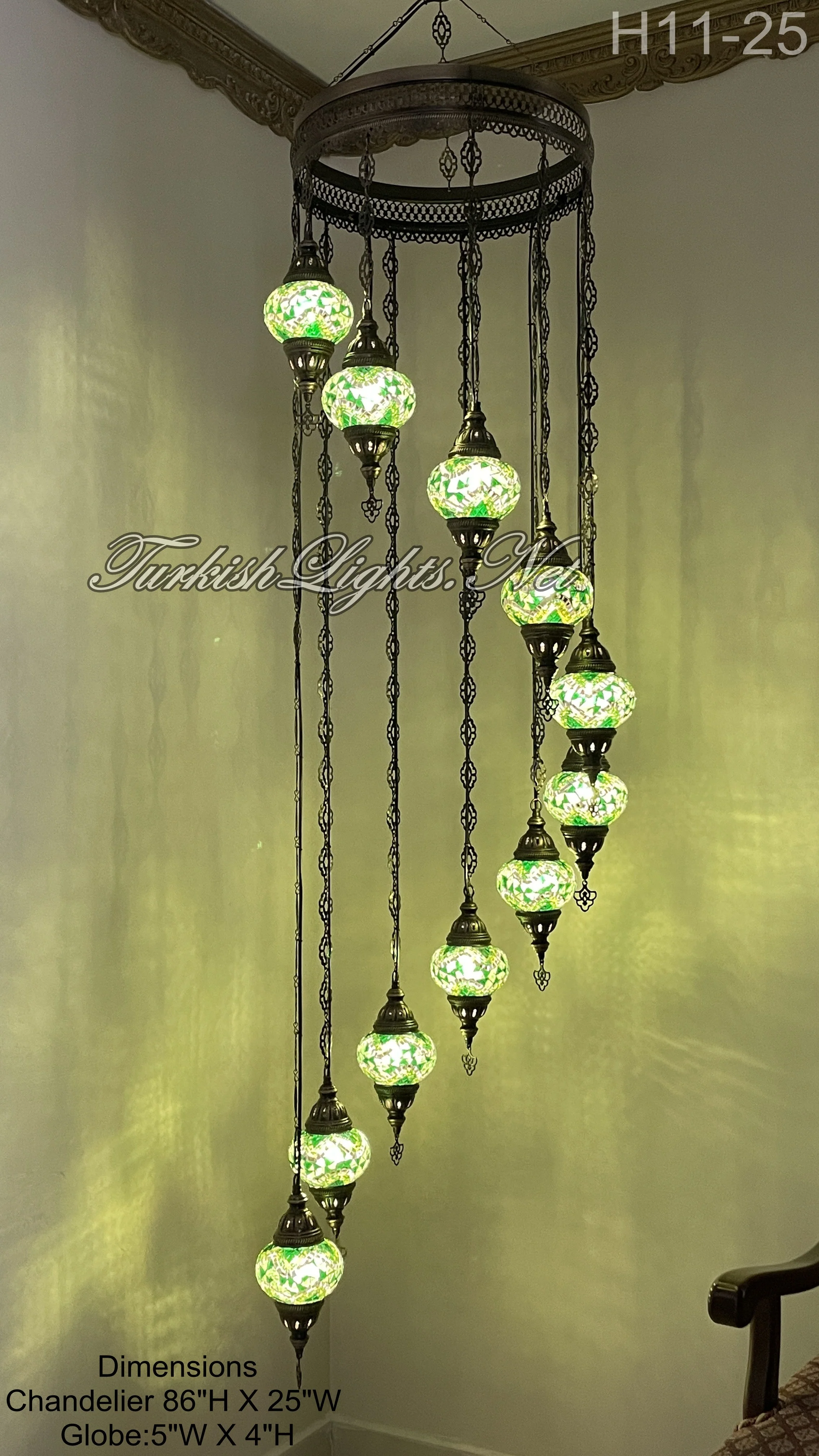 11 Ball Turkish Mosaic Chandelier - Water Drop Design with Medium Globes, ID: H11-25 Green