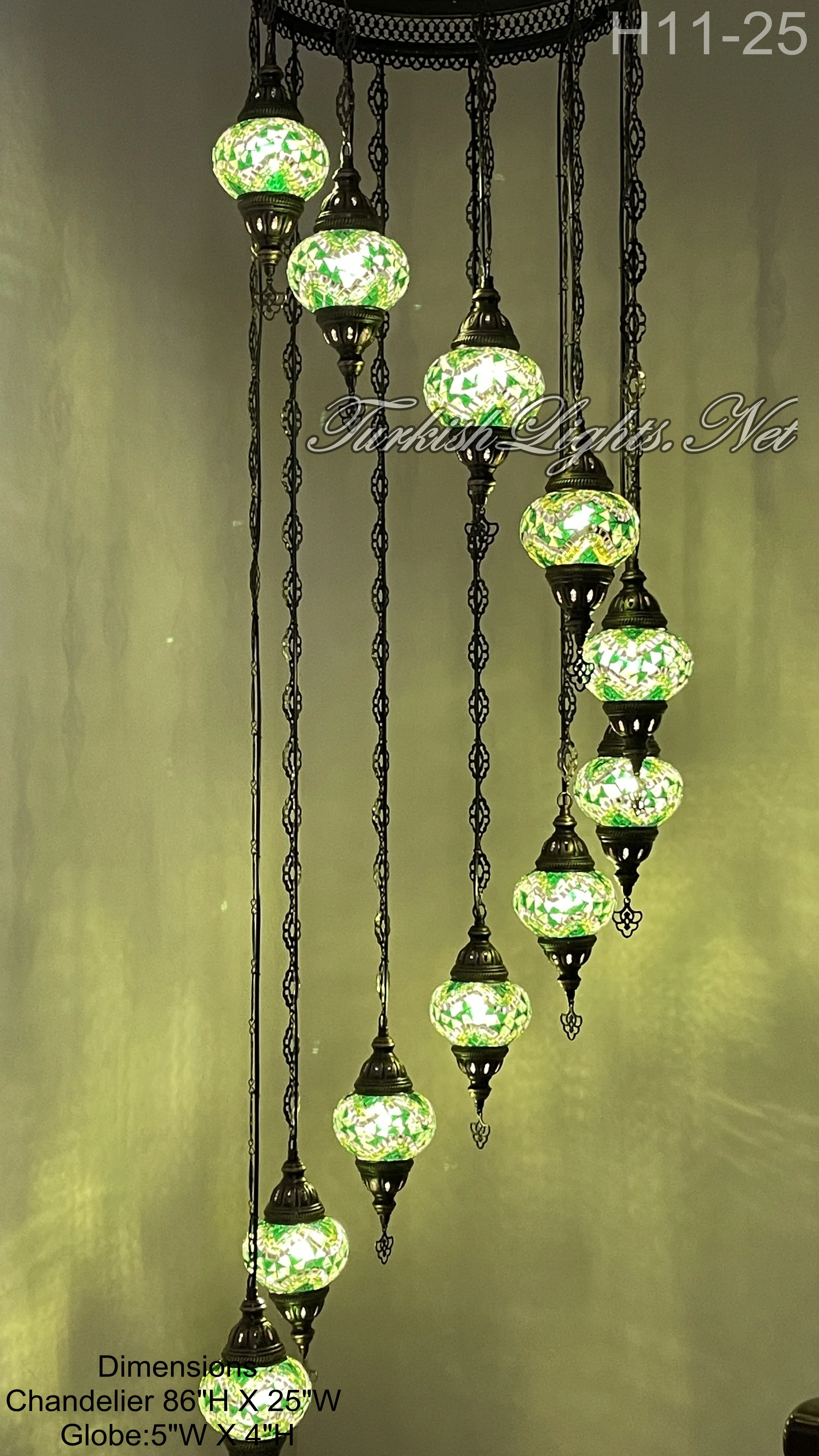 11 Ball Turkish Mosaic Chandelier - Water Drop Design with Medium Globes, ID: H11-25 Green - Image 2