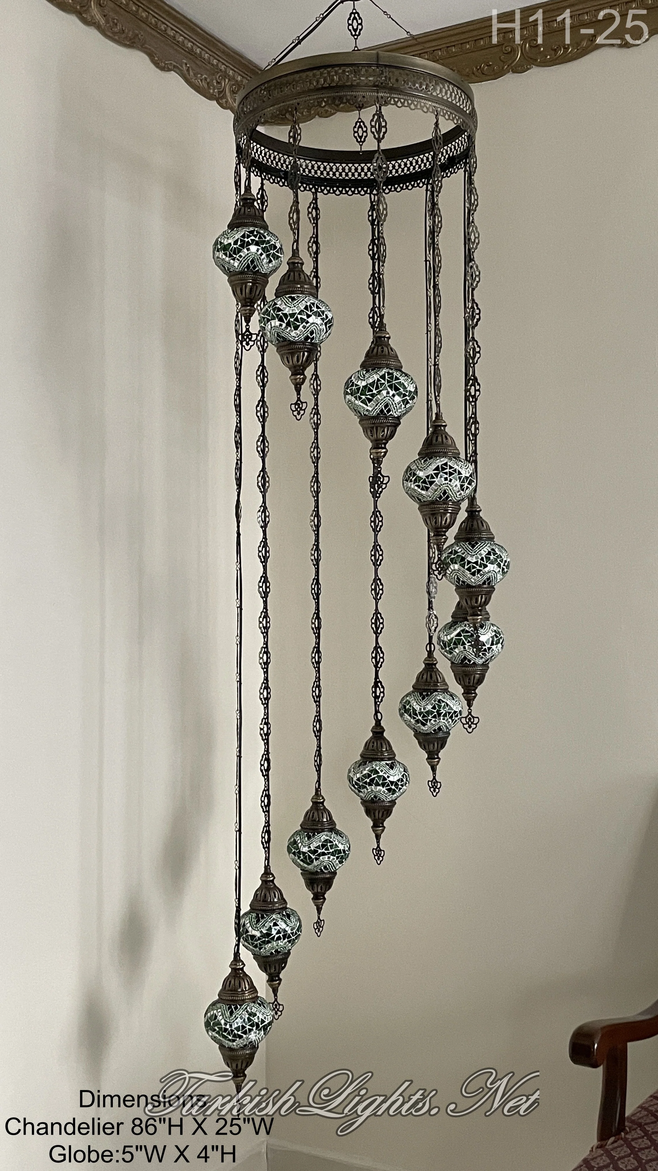 11 Ball Turkish Mosaic Chandelier - Water Drop Design with Medium Globes, ID: H11-25 Green - Image 3