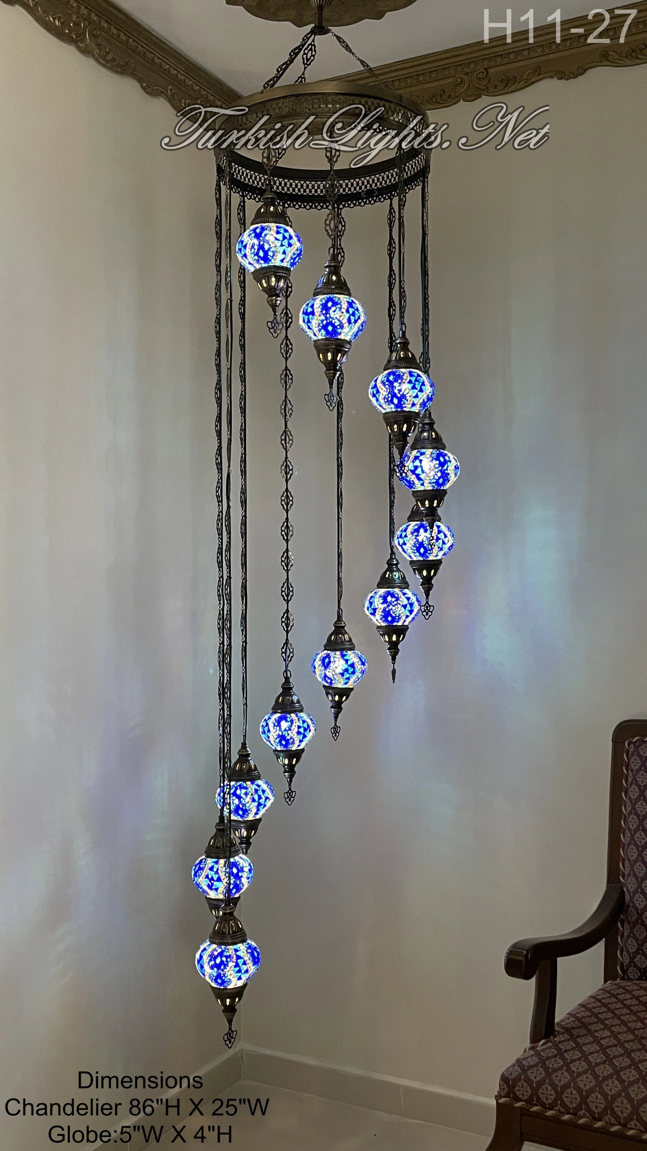 11 Ball Turkish Mosaic Chandelier - Water Drop Design with Medium Globes, ID: H11-27