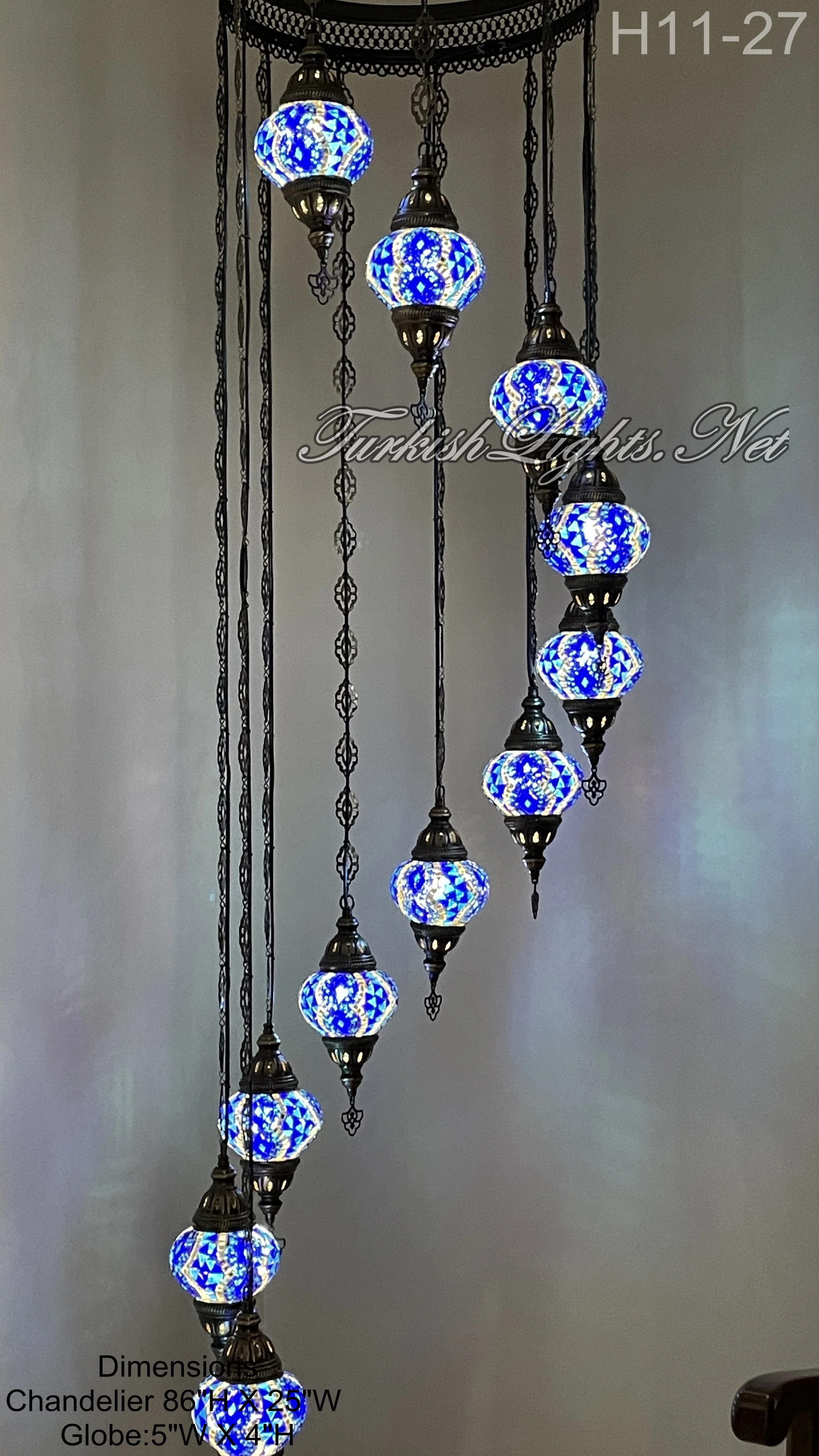 11 Ball Turkish Mosaic Chandelier - Water Drop Design with Medium Globes, ID: H11-27 - Image 2
