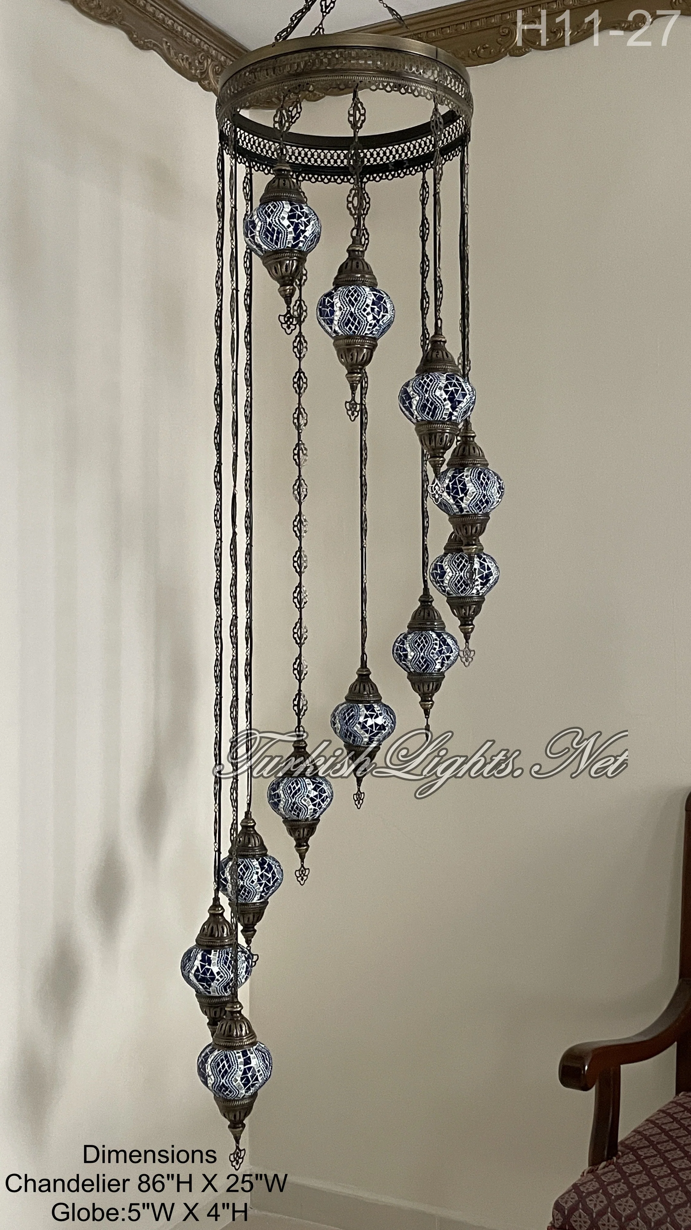 11 Ball Turkish Mosaic Chandelier - Water Drop Design with Medium Globes, ID: H11-27 - Image 3