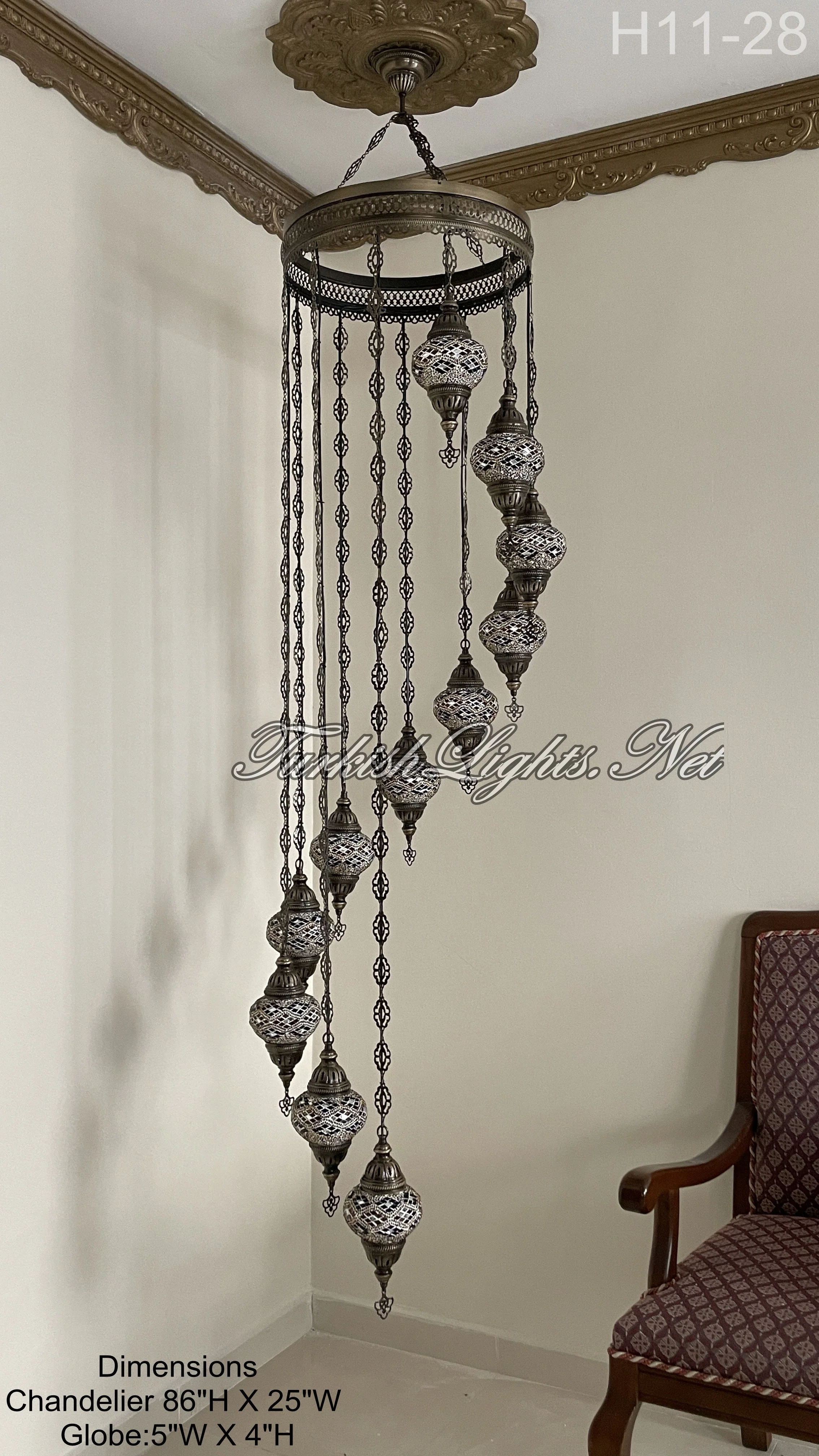 11 Ball Turkish Mosaic Chandelier - Water Drop Design with Medium Globes, ID: H11-28 - Image 3