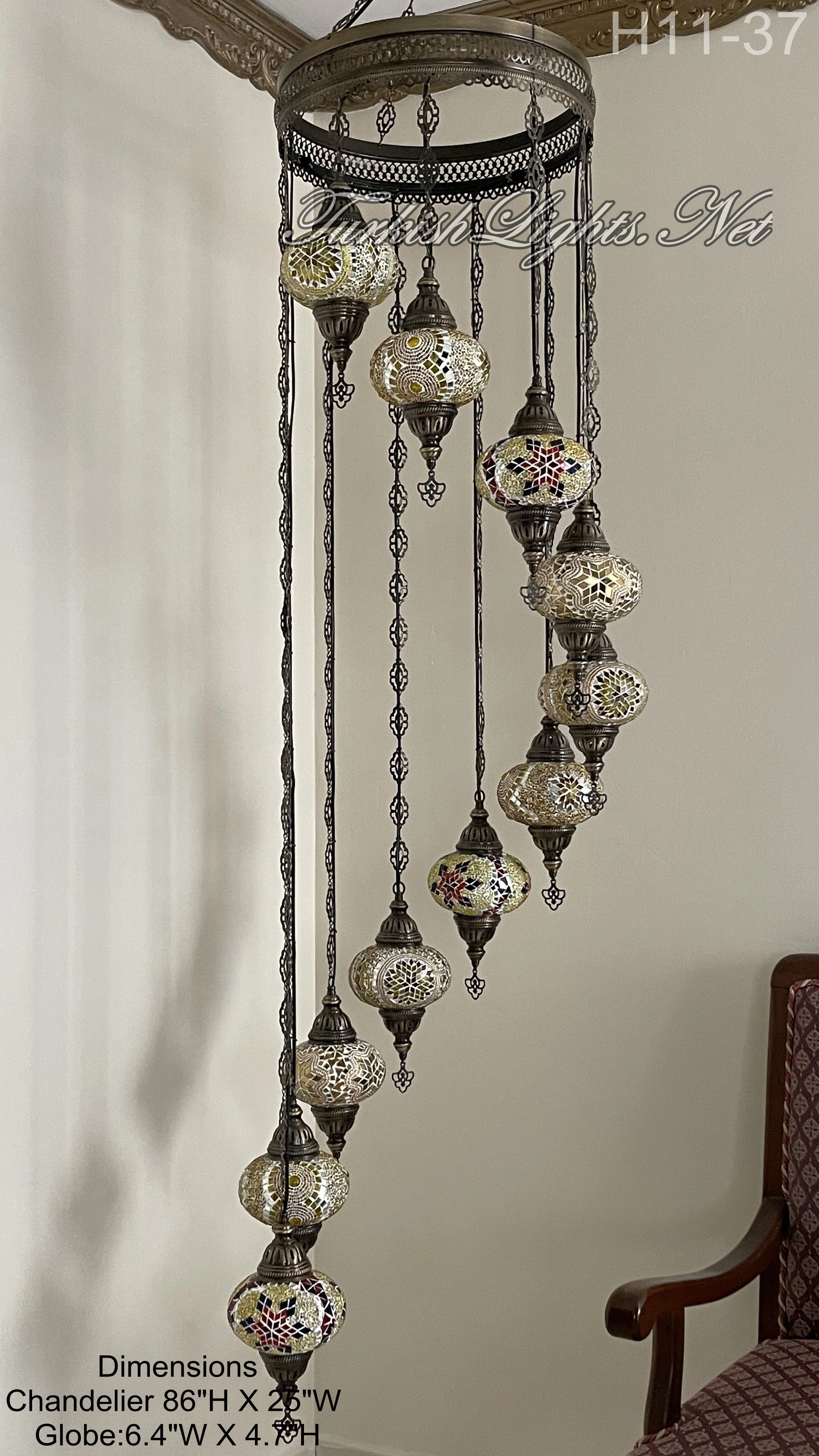 11 Ball Turkish Mosaic Chandelier - Water Drop Design with Large Globes, ID: H11L-37 - Image 3