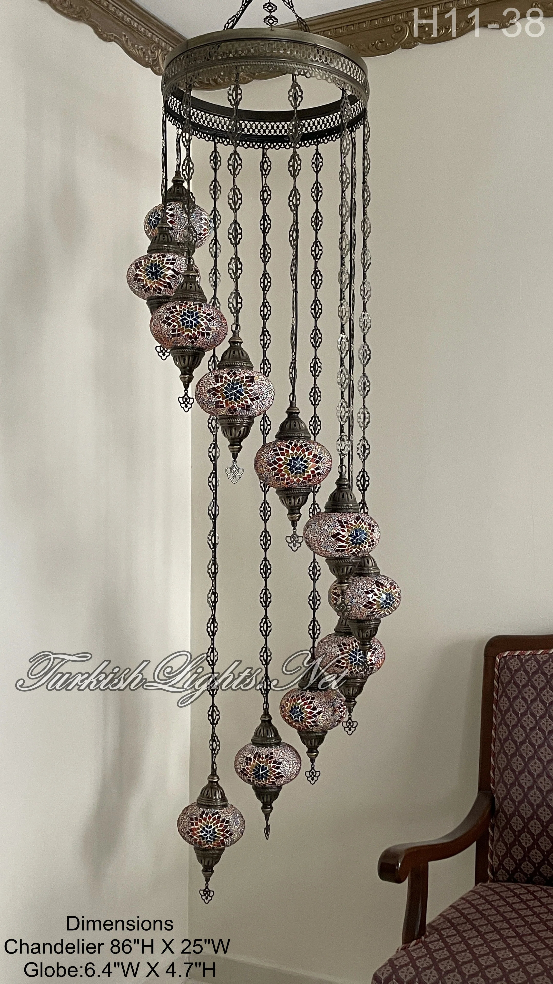 11 Ball Turkish Mosaic Chandelier - Water Drop Design with Large Globes, ID: H11-38 - Image 3