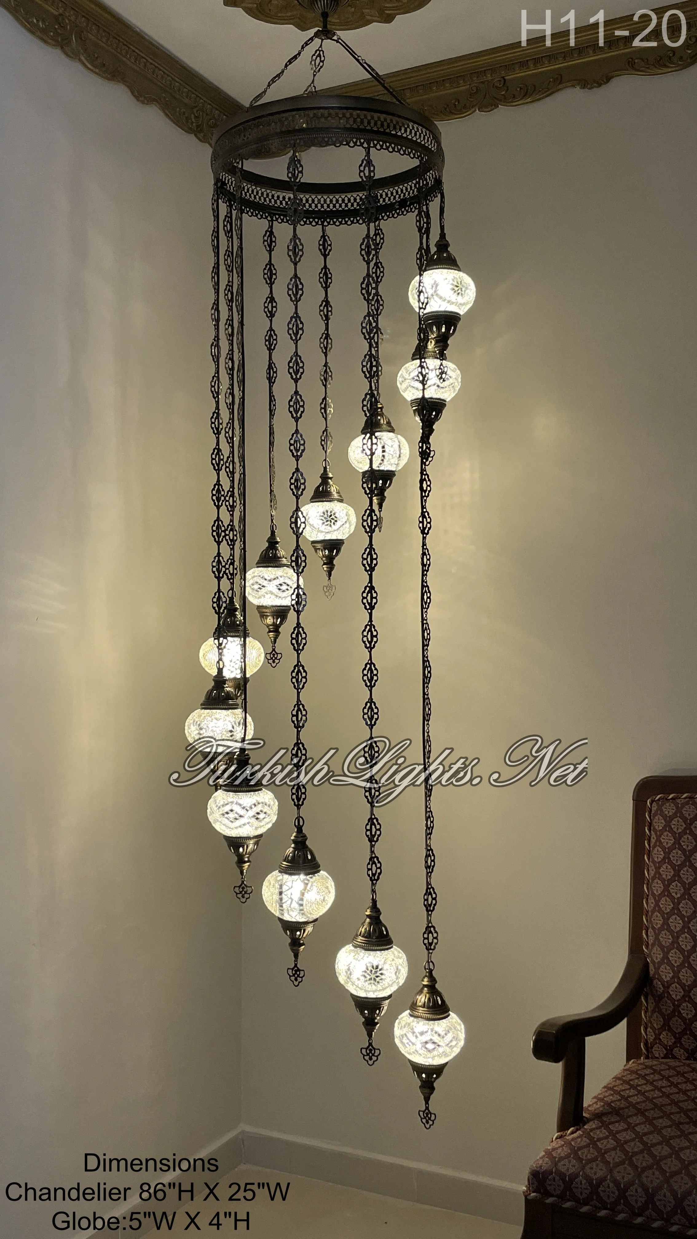 11 Ball Turkish Mosaic Chandelier - Water Drop Design with Medium Globes ID: H11M - Image 2