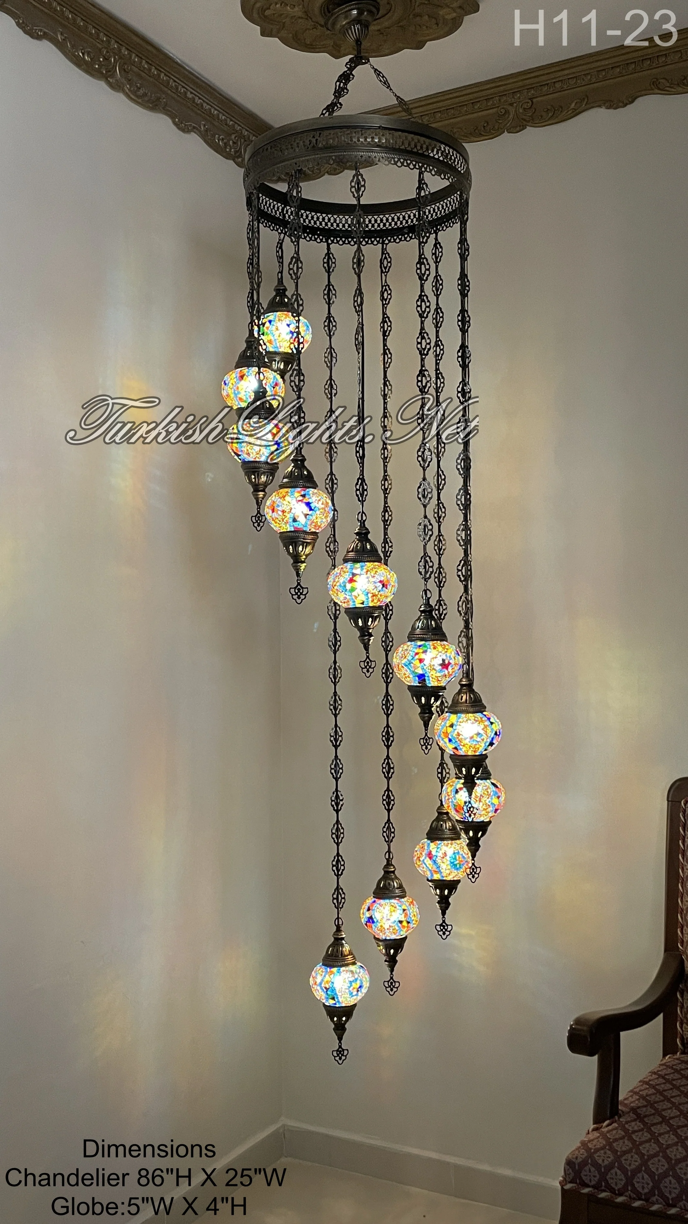 11 Ball Turkish Mosaic Chandelier - Water Drop Design with Medium Globes ID: H11M - Image 4