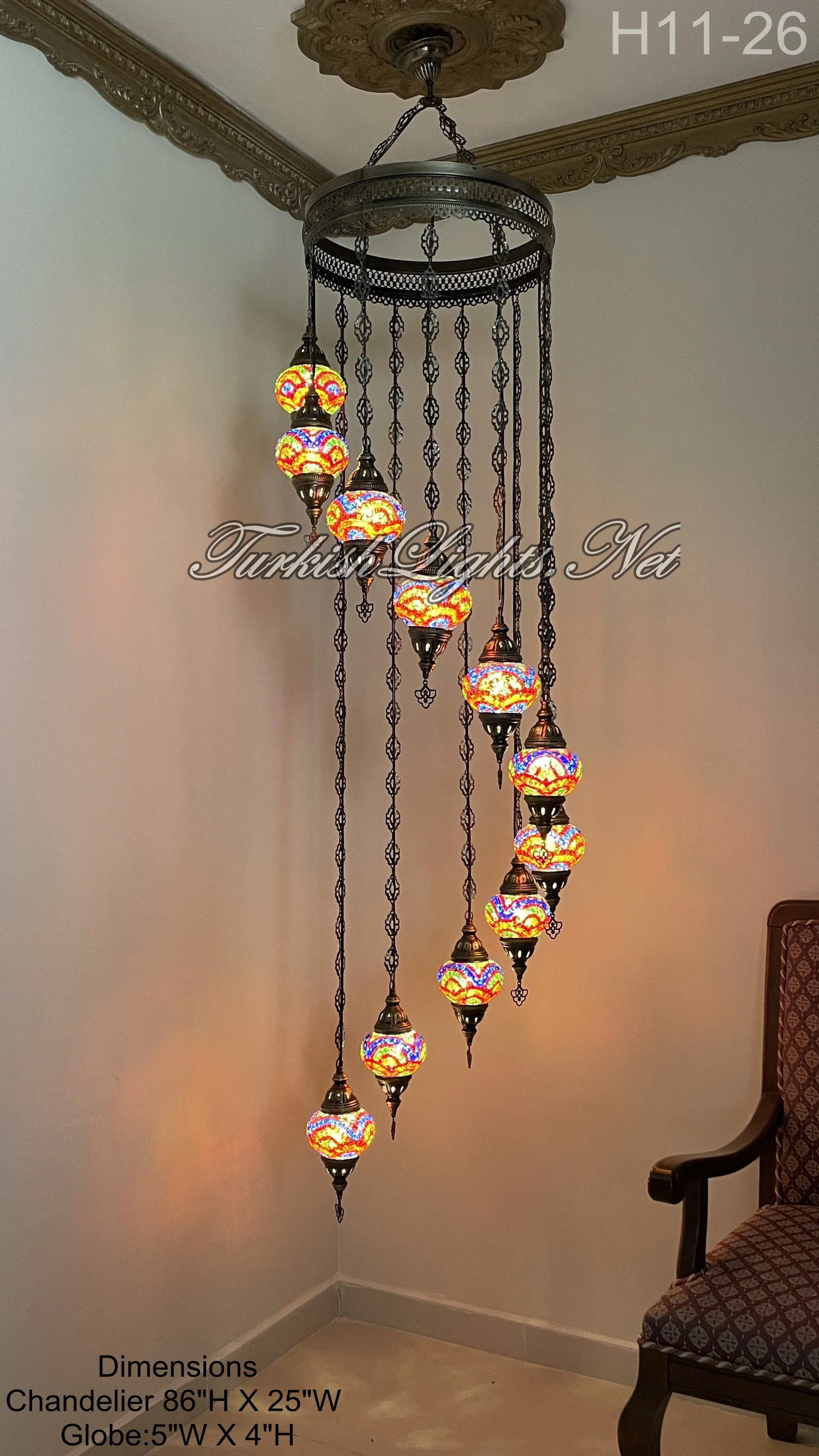 11 Ball Turkish Mosaic Chandelier - Water Drop Design with Medium Globes ID: H11M - Image 7