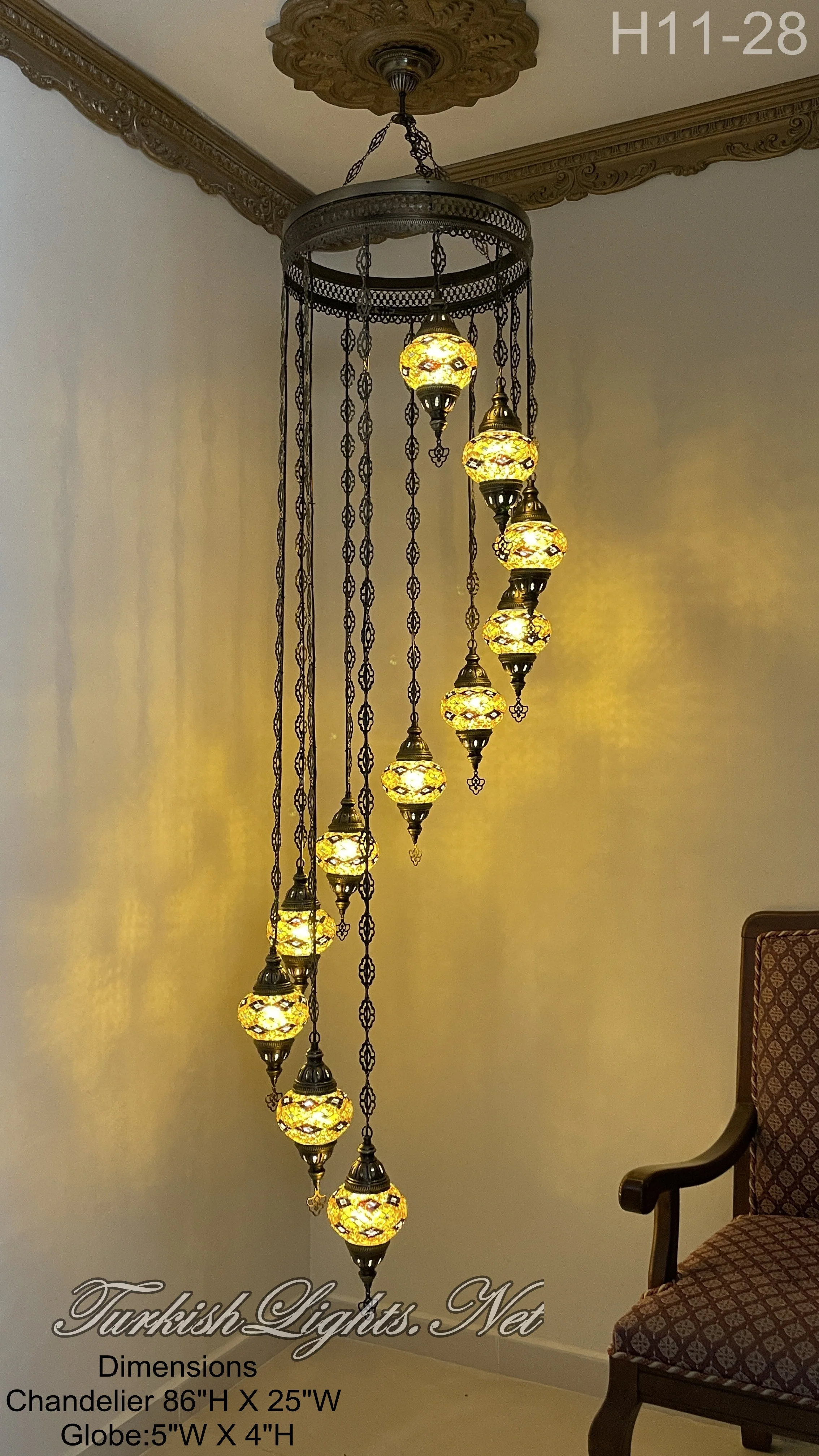 11 Ball Turkish Mosaic Chandelier - Water Drop Design with Medium Globes ID: H11M - Image 9