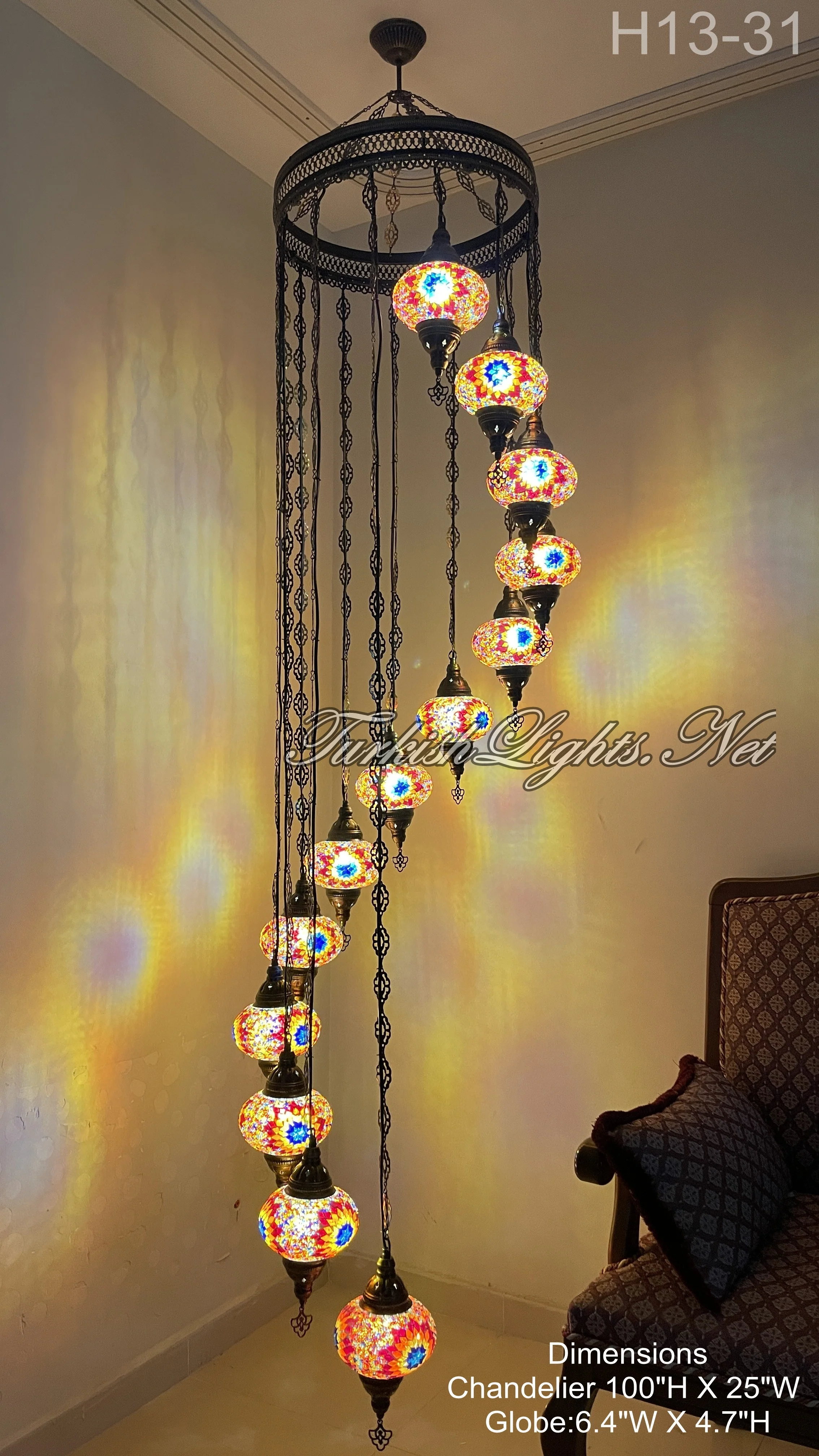 13 Ball Turkish Mosaic Chandelier - Handmade Water Drop Design with Large Globes, ID: H13L - Image 3