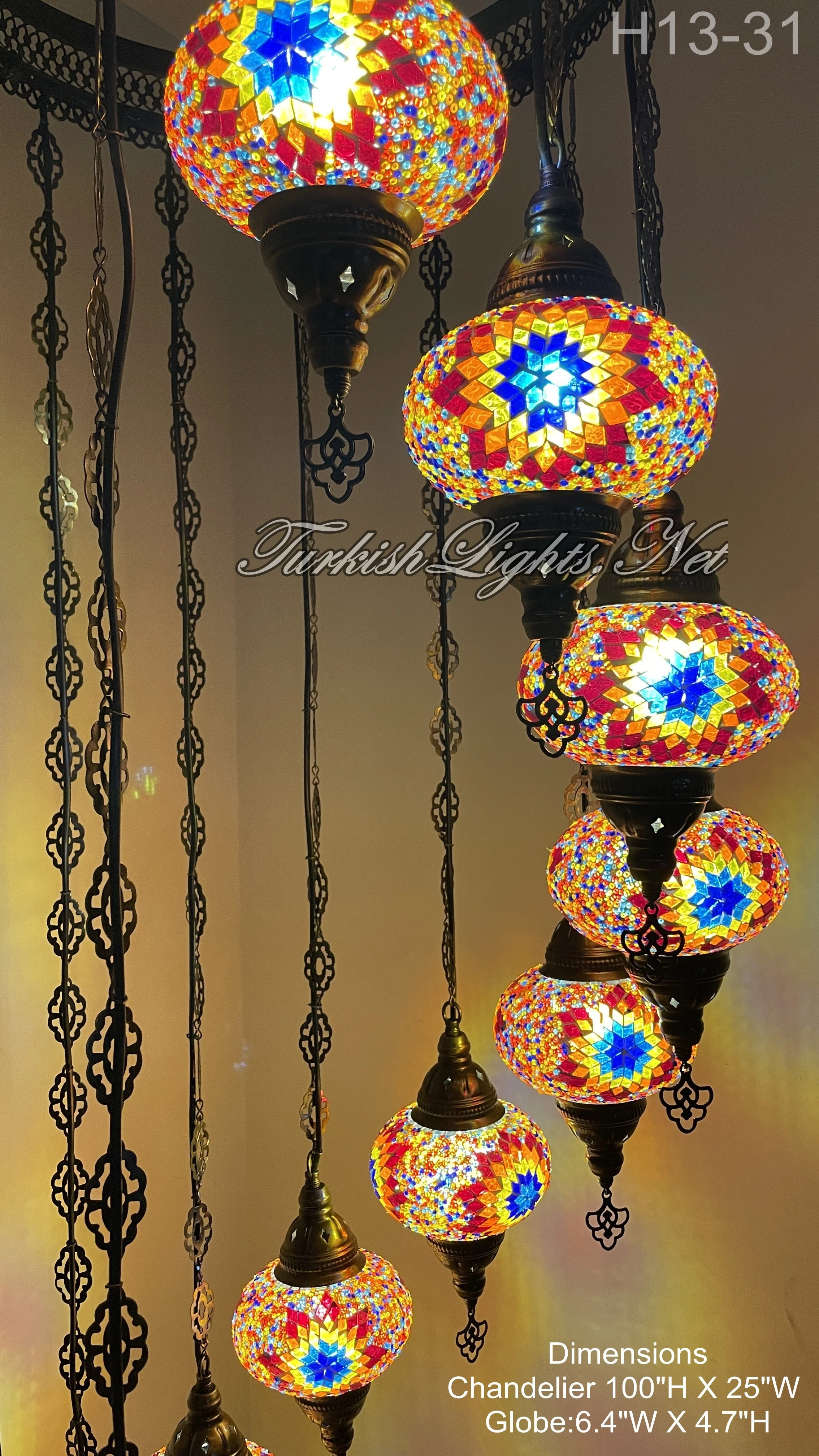13 Ball Turkish Mosaic Chandelier - Handmade Water Drop Design with Large Globes, ID: H13L-31 - Image 2