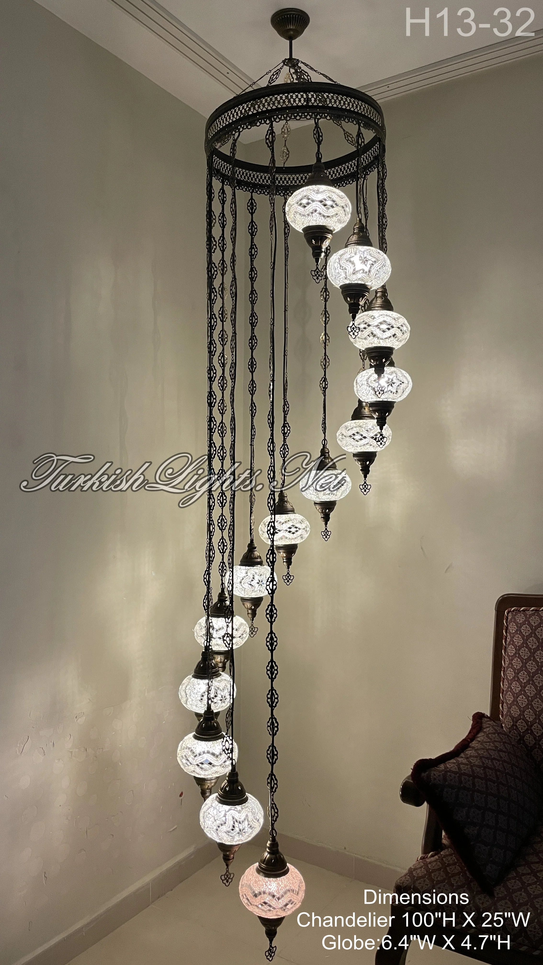 13 Ball Turkish Mosaic Chandelier - Handmade Water Drop Design with Large Globes, ID: H13L-32